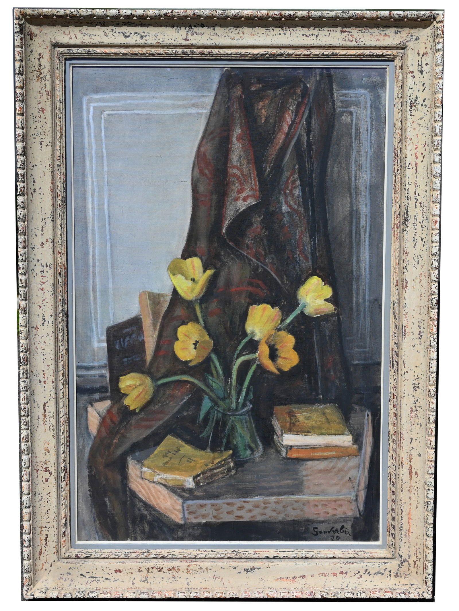 Jean Souverbie (French, 1891 - 1981) 36 x 23 in.: Jean Souverbie (French, 1891 - 1981) "Tulipes Jaunes" - 1970 Oil on Canvas. Signed and dated ('70) lower right. Paisnel Gallery label verso. Inscribed verso on canvas. Sight Size: 36.25 x 23.5 in. Ove
