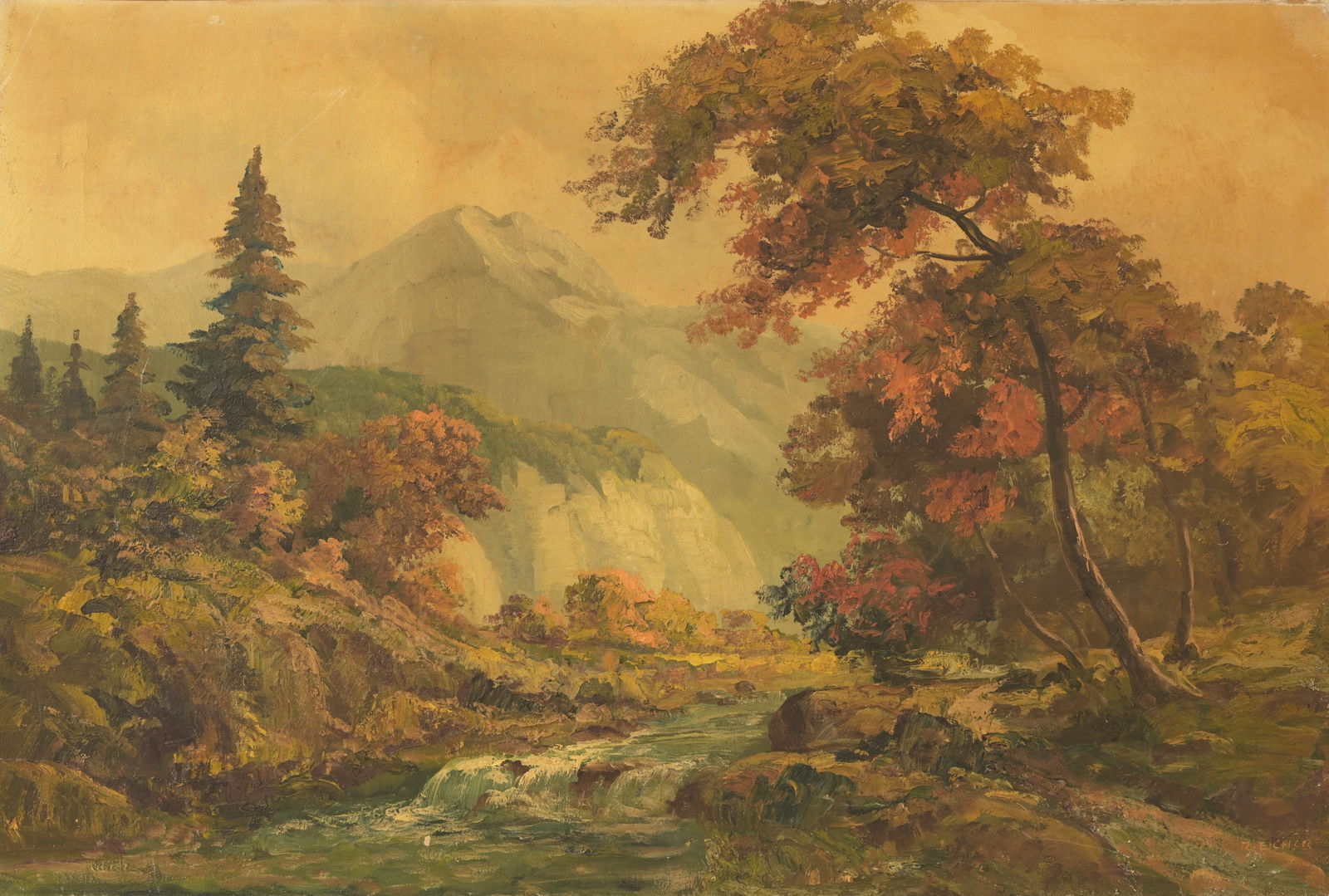 Rudolph Eicher (American, 1884 - 1958): Rudolph Eicher (American, 1884 - 1958) Impressionist River Landscape Painting. Oil on canvas. Signed lower right. Size: 24 x 36 in. Unframed.