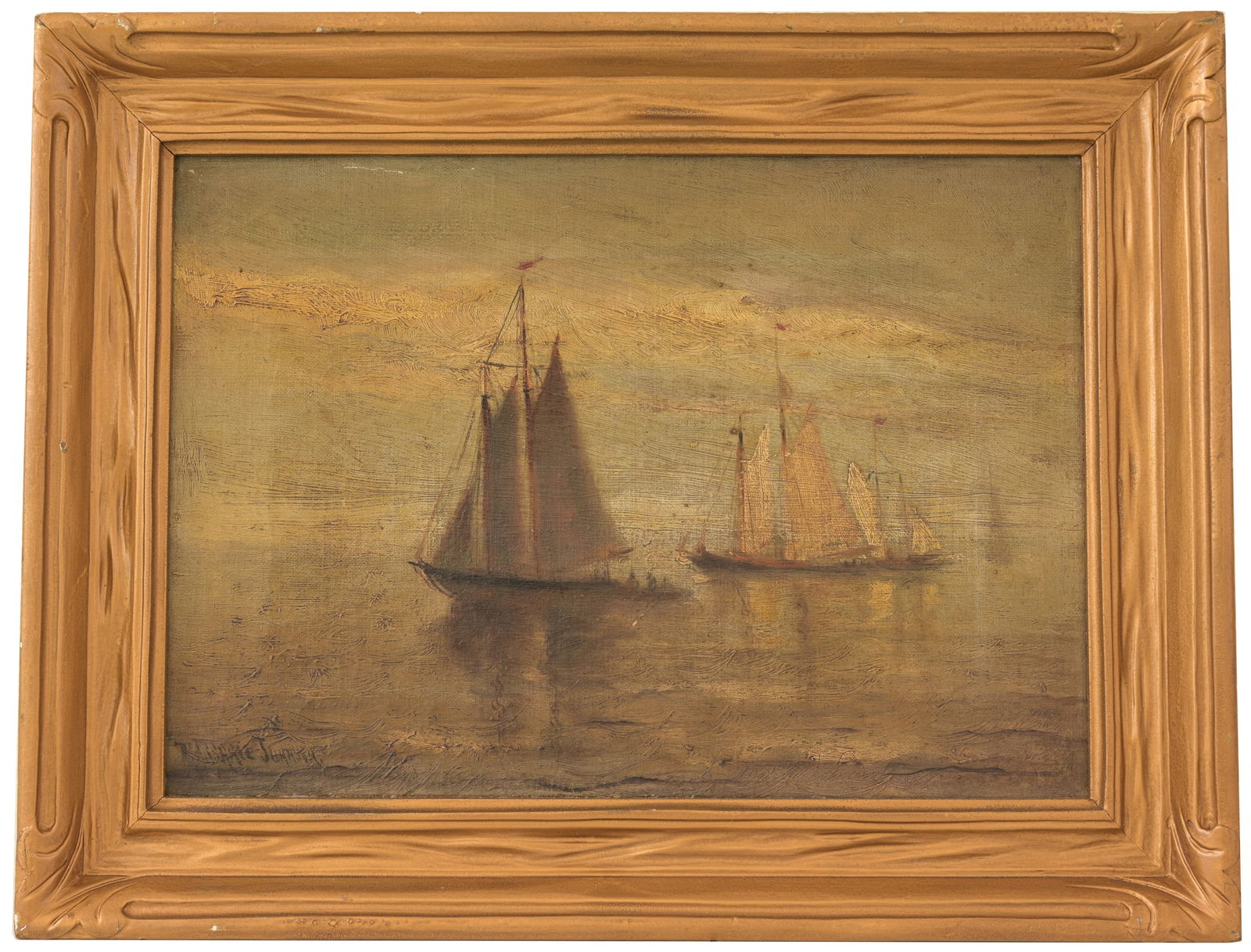 Marshall Johnson Jr (Massachusetts, 1850 - 1921): Marshall Johnson Jr (Massachusetts, 1850 - 1921) Tranquil coastal scene with sailing vessels near the horizon. Oil on Canvas. Signed lower left. Sight Size: 10 x 14.25 in. Overall Framed Size: 13.5 x