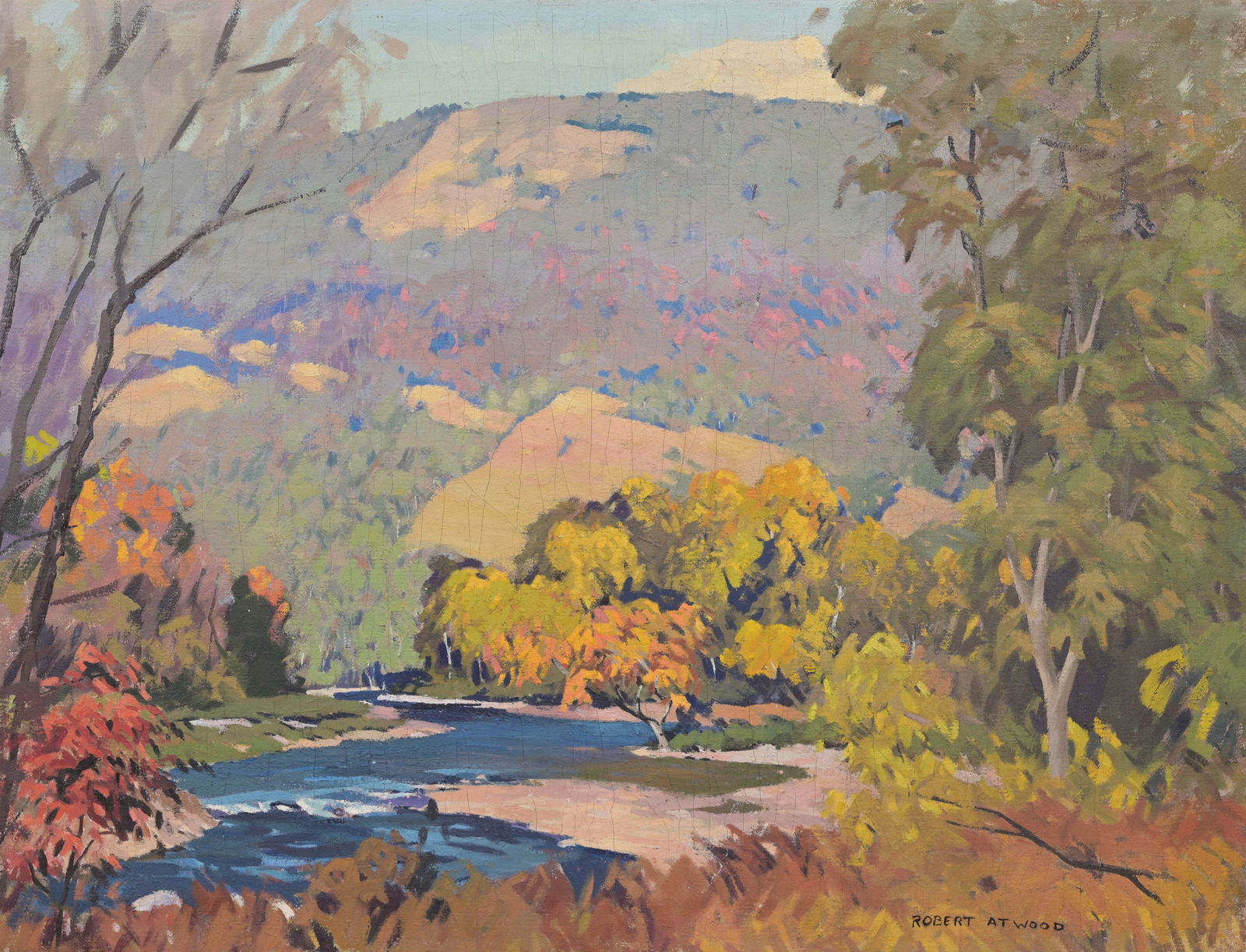 Robert B. Atwood (American, 1892 - 1970): Robert B. Atwood (American, 1892 - 1970) "Fall Landscape with Stream" Oil on Canvas. Signed lower right. Size: 24 x 32 in. Unframed.