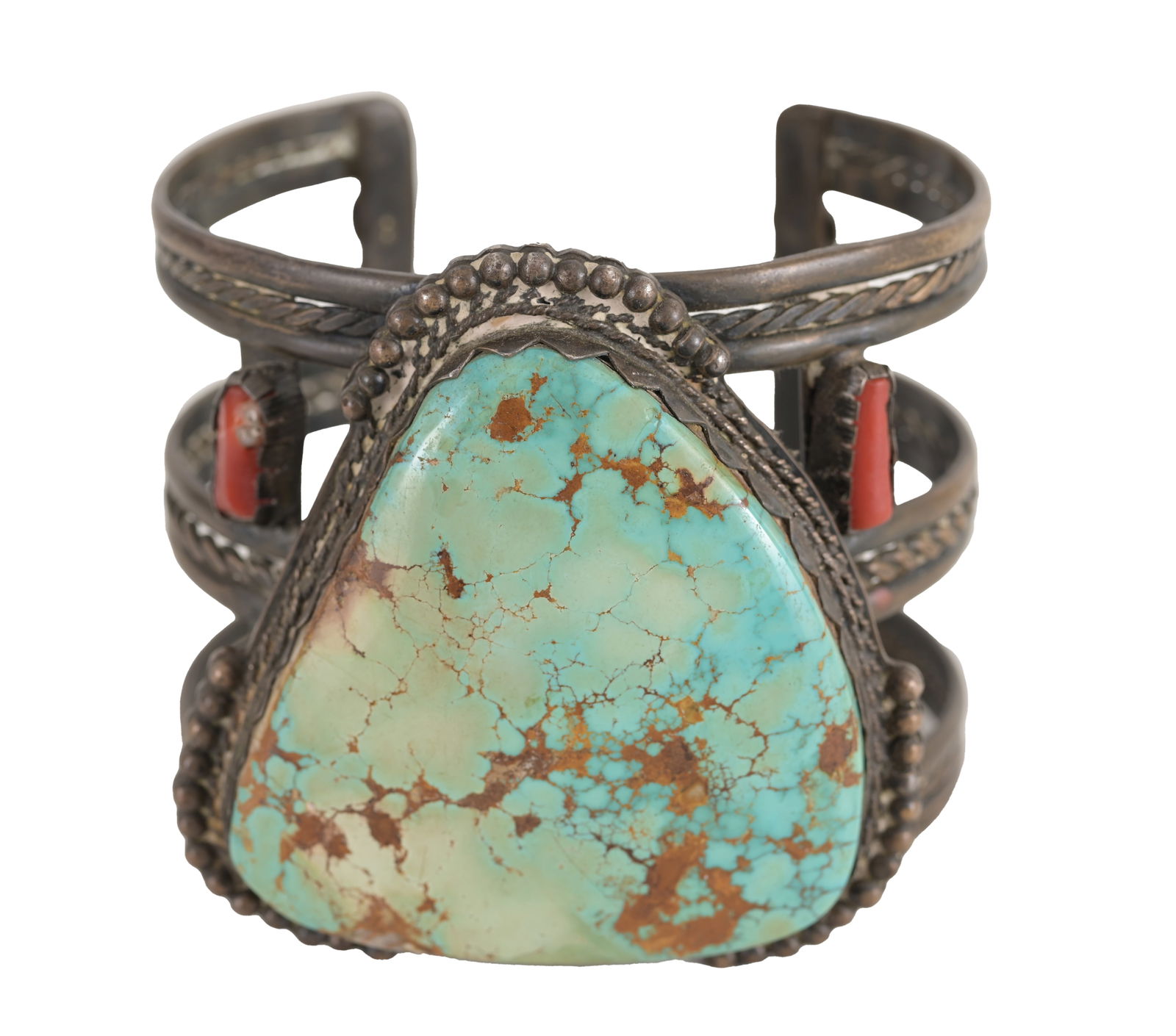 Large Navajo Turquoise/Coral Bangle: Large Navajo Turquoise/Coral Bangle. Marked on backside. Height: 3 in. Diameter: 3.5 in.