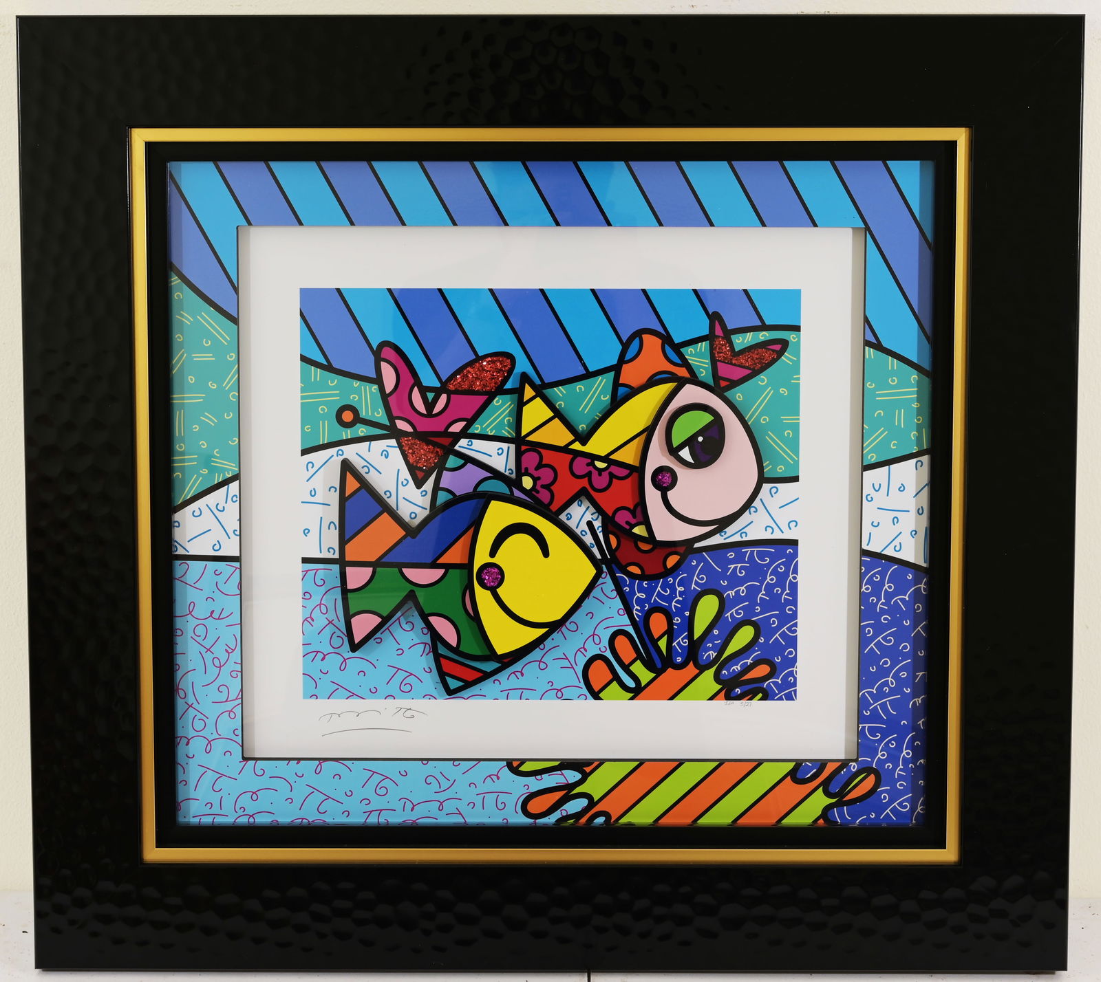 Romero Britto - "Happy Journey" 3D Mixed Media: Romero Britto (Brazilian, B. 1963) "Happy Journey" - 2019 3D Mixed Media (Sculptograph). Pencil signed and numbered (IEA 5/27) lower margin. Sight Size: 19 x 21.5 in. Overall Framed Size: 27.5 x 29.75