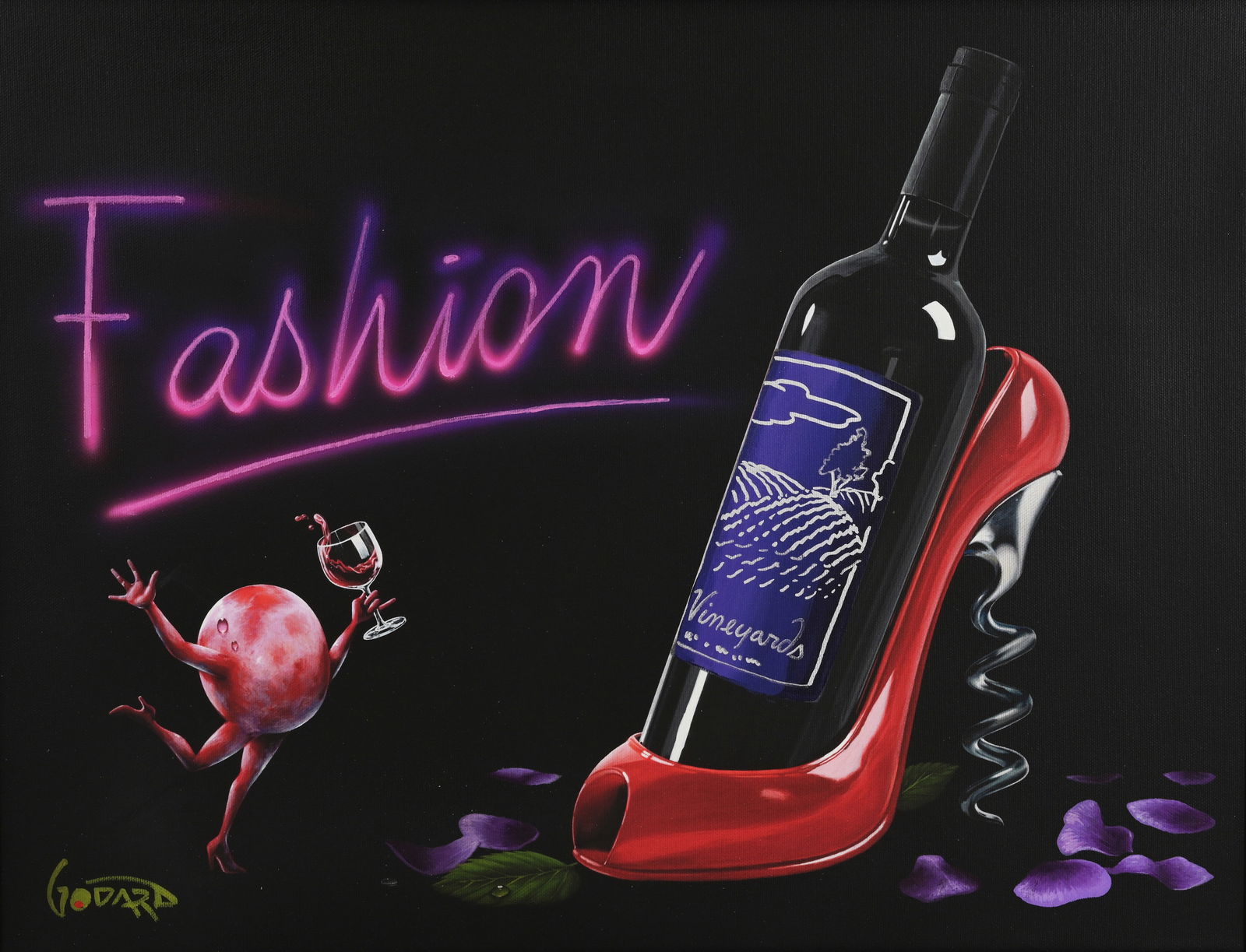 Godard - "Wine and High Heels" Mixed Media: Michael Godard (American, b.1959) "Wine and High Heels" Mixed Media on Canvas. Signed lower left. Sight Size: 16 x 20.5 in. Overall Framed Size: 27 x 31.75 in.