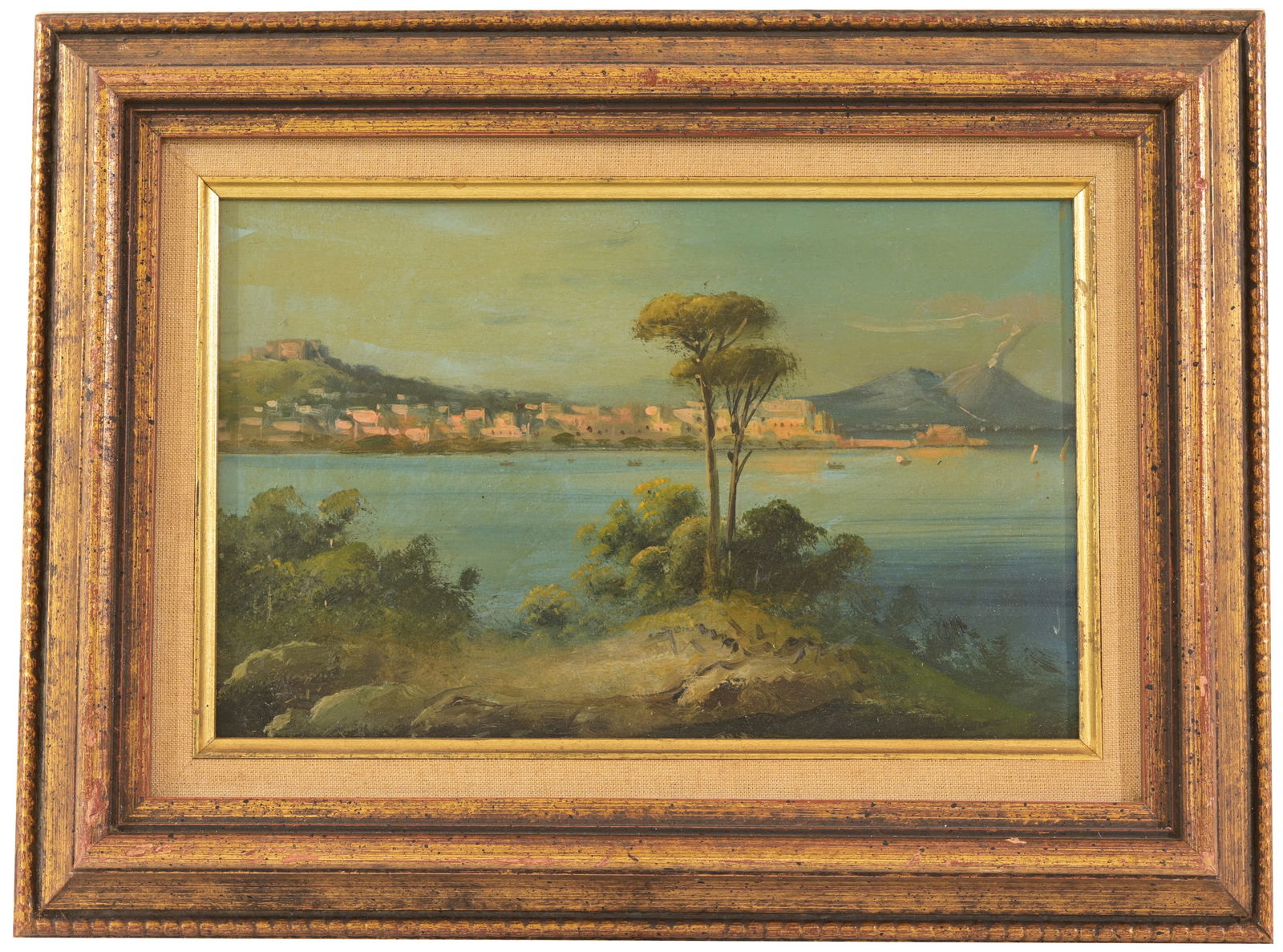 19th C. Italian School Painting of Naples: 19th C. Italian School Painting of Naples with Mt. Vesuvius in the distance. Oil on board. Sight Size: 6.5 x 10 in. Overall Framed Size: 10.5 x 14.25 in.