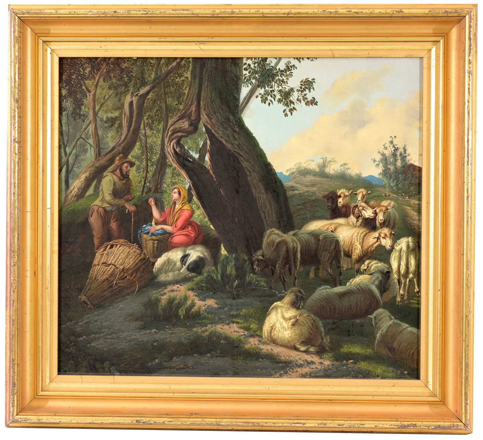 "Shepherds Folly" Ach. C. Pacini (Italian, 19th C): Ach. C. Pacini (Italian, 19th C.). "Arcadian Scene; Shepherd and Shepherdess with Sheep , 1874". Oil on Board. Signed and dated middle left edge. Sight Size: 21 x 23.5 in. Overall Framed Size: 27 x 30
