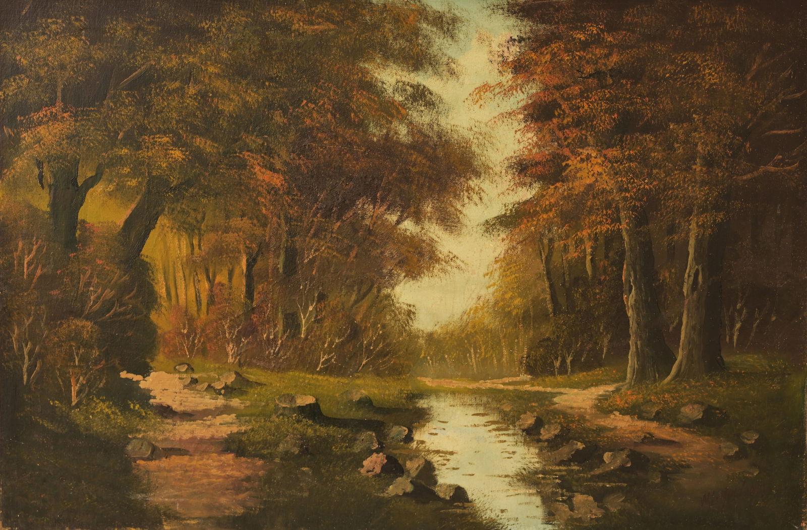 American School, Signed River Landscape: American School, Signed River Landscape. Oil on Canvas. Indistinctly signed lower right. Size: 24 x 38 in. Unframed.
