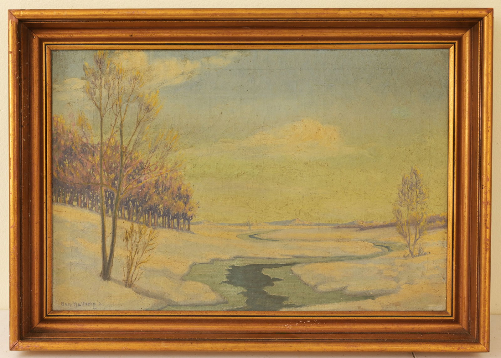 Ben Hallberg (American, 20th C.): Ben Hallberg (American, 20th C.) "Sunshine and Shadows" - Winter Landscape. Oil on Canvas. Signed and dated lower left. Label verso. Sight Size: 16 x 24 in. Overall Framed Size: 20 x 28 in.