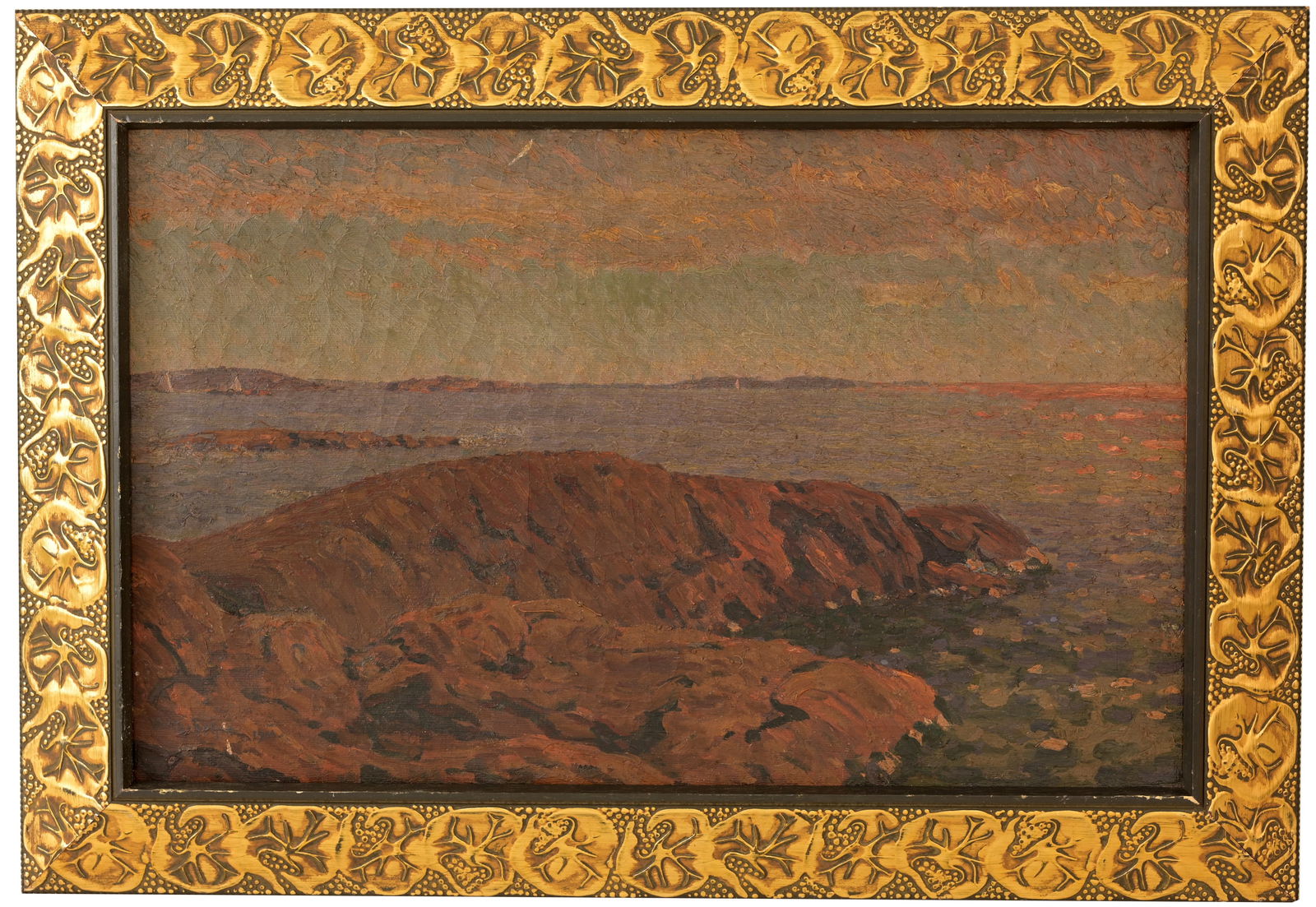 Vilhelm Behm (France, Sweden, 1859 - 1934): Vilhelm Behm (France, Sweden, 1859 - 1934) Impressionist coastal scene, sailing vessels near the horizon. Oil on Canvas. Signed lower left. Sight Size: 17 x 27 in. Overall Framed Size: 23 x 33 in. Wil