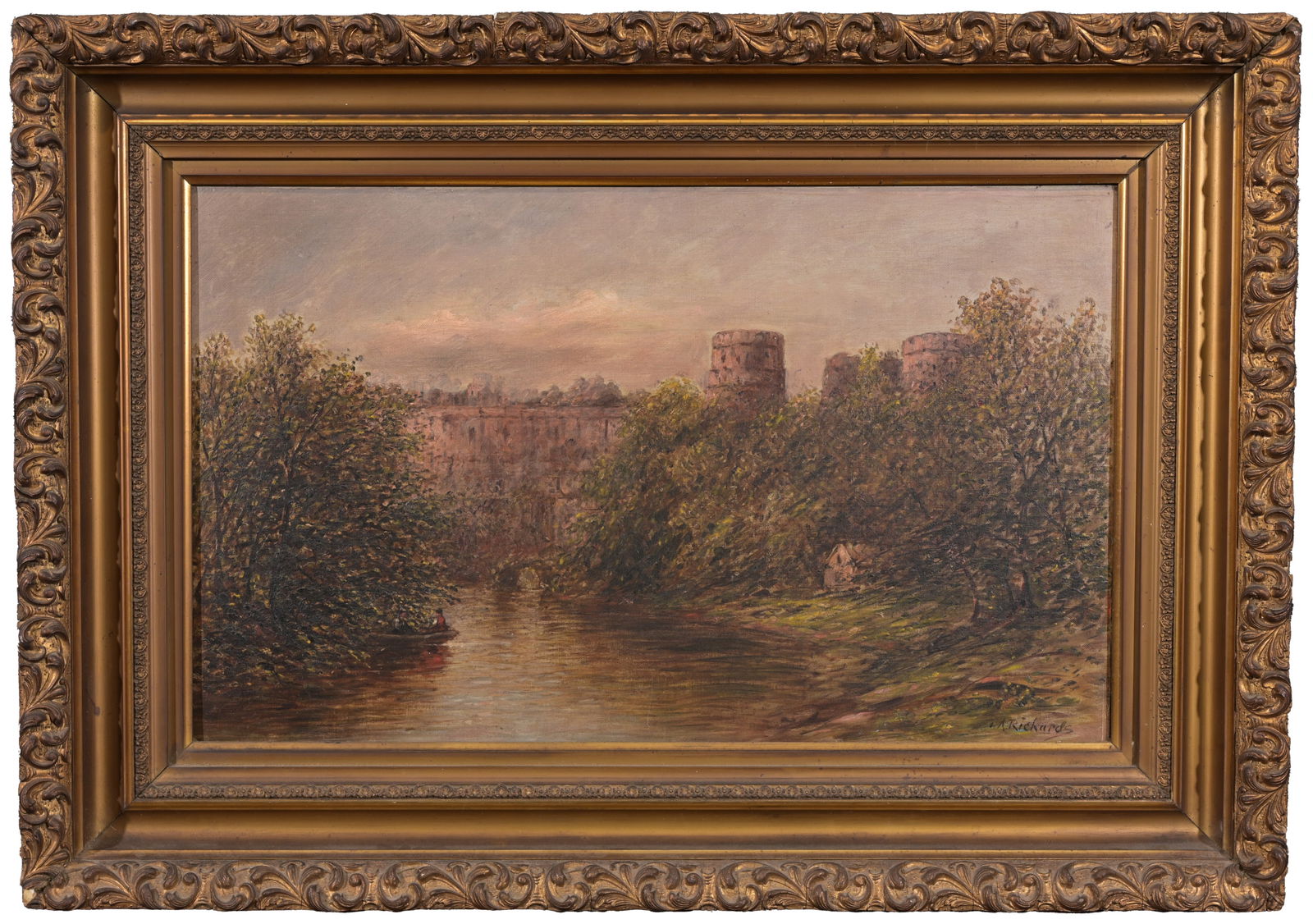 Thomas Addison Richards (American, 1820 - 1900): Thomas Addison Richards (American, 1820 - 1900) "View of a Castle" Oil on Canvas. Signed lower right. Sight Size: 14 x 23 in. Overall Framed Size: 22 x 30 in. Condition: wax and linen lined, surface d