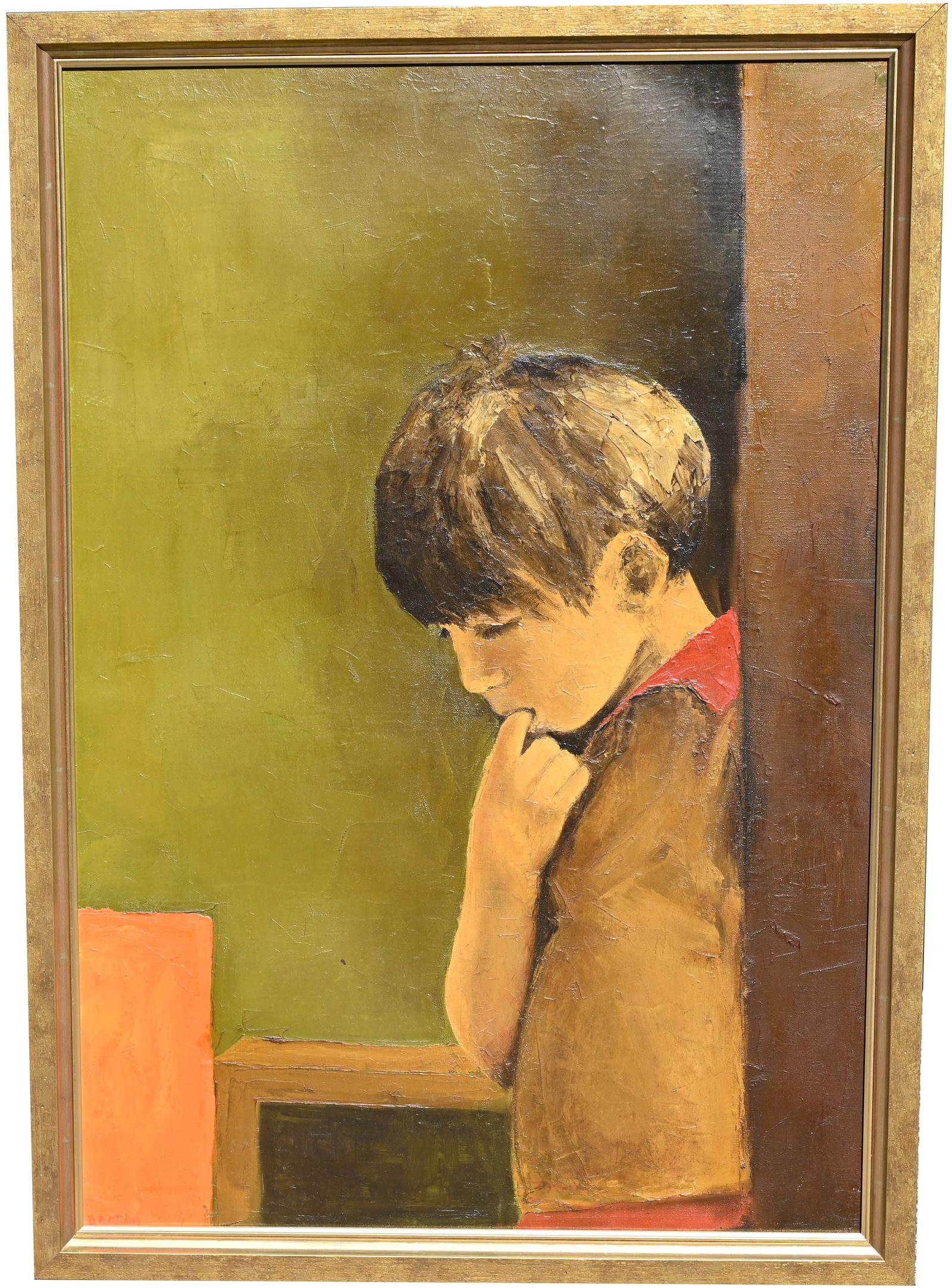 Eastern European School, Mid Century Ptg of Boy: Eastern European School, Mid Century Painting of a boy. Signed lower left. Oil on board. Overall Framed Size: 34 x 24 in.