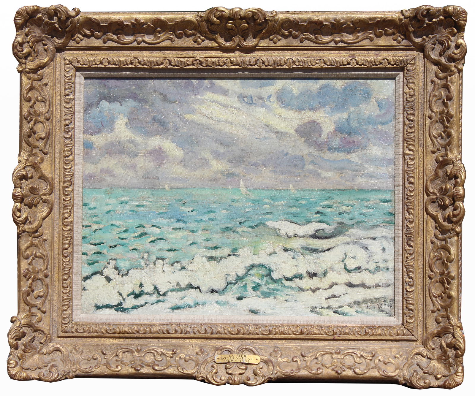 Louis Valtat (France, 1869 - 1952) "La Mer": Louis Valtat (France, 1869 - 1952) "La Mer" Painting of a coastal scene with sailboats in the distance. Oil on Canvas. Initialed lower right. Exhibition labels verso. Provenance: - Arthur Tooth & Sons