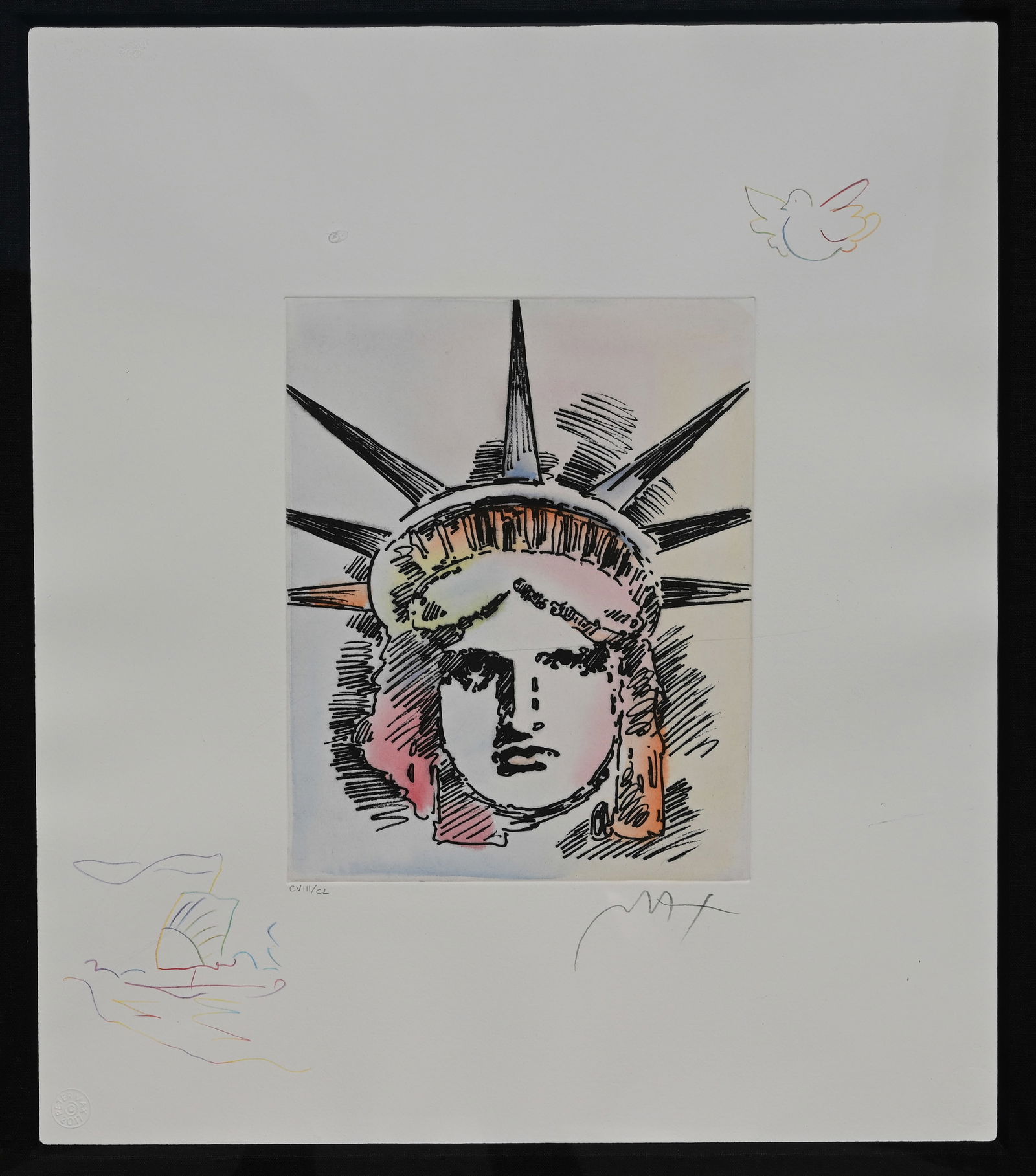 Peter Max - "Liberty Head II (Sailboat/Dove)": Peter Max (New York, Germany, B. 1937) "Liberty Head II (Sailboat/Dove)" Etching with hand-coloring and unique, hand-drawn colored pencil remarques of a Sailboat in the lower left corner and Dove in t