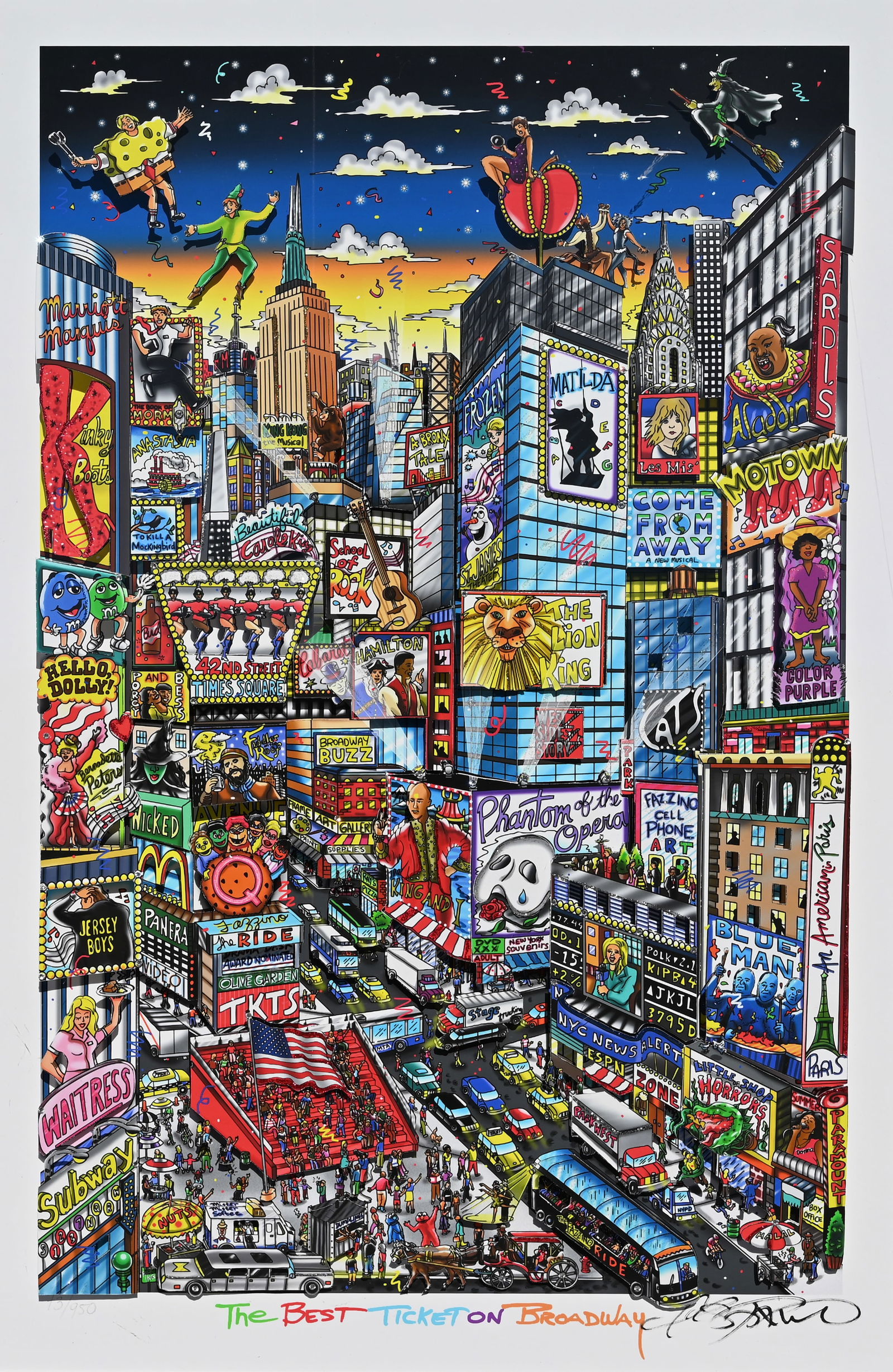 Charles Fazzino - "The Best Ticket on Broadway": Charles Fazzino (American, B. 1955) "The Best Ticket on Broadway" - 2018 3D serigraph. Signed, titled and numbered (73/950) lower margin. Comes with Park West COA and appraisal. Sight Size: 20 x 13 in