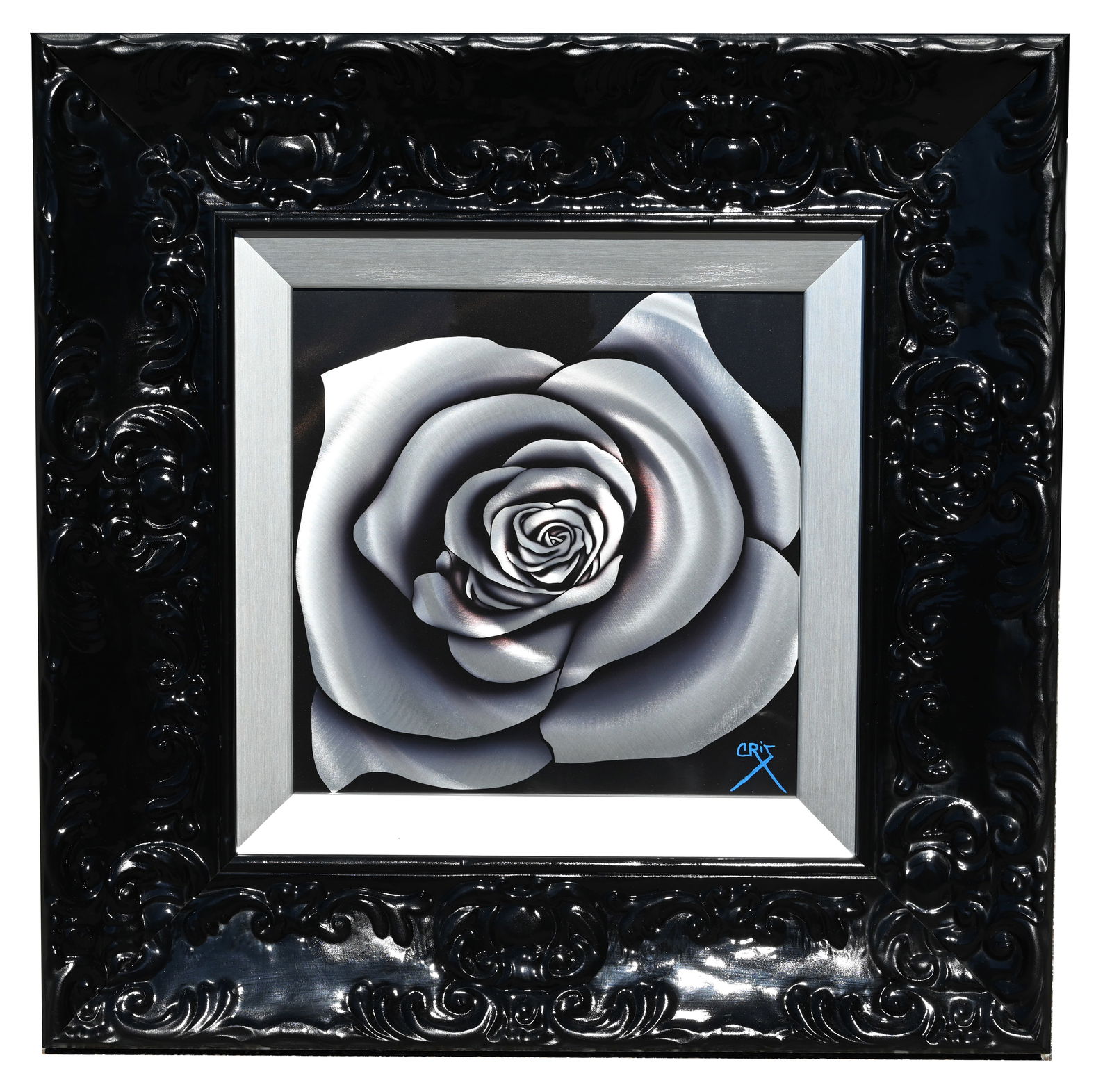 CrisX - Mini Silver Rose: CrisX Mini Silver Rose - 2021 Candy-Color Paint, urethane and enamel on brushed metal surface. Signed lower right. Comes with ParkWest COA and Appraisal. Sight Size: 12 x 12 in. Overall Framed Size: 2