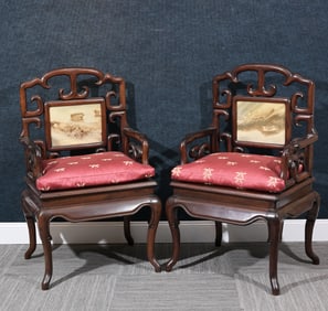 Pair, Chinese Marble Inset Hardwood Chairs