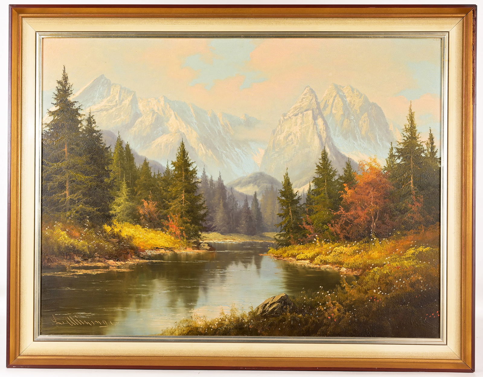 Ludwig Munninger (German, 1929 - 1997): River landscape with snowy mountains. Signed lower left, titled in German verso. Oil on canvas. Sight size: 23.75 x 31.5 inches.