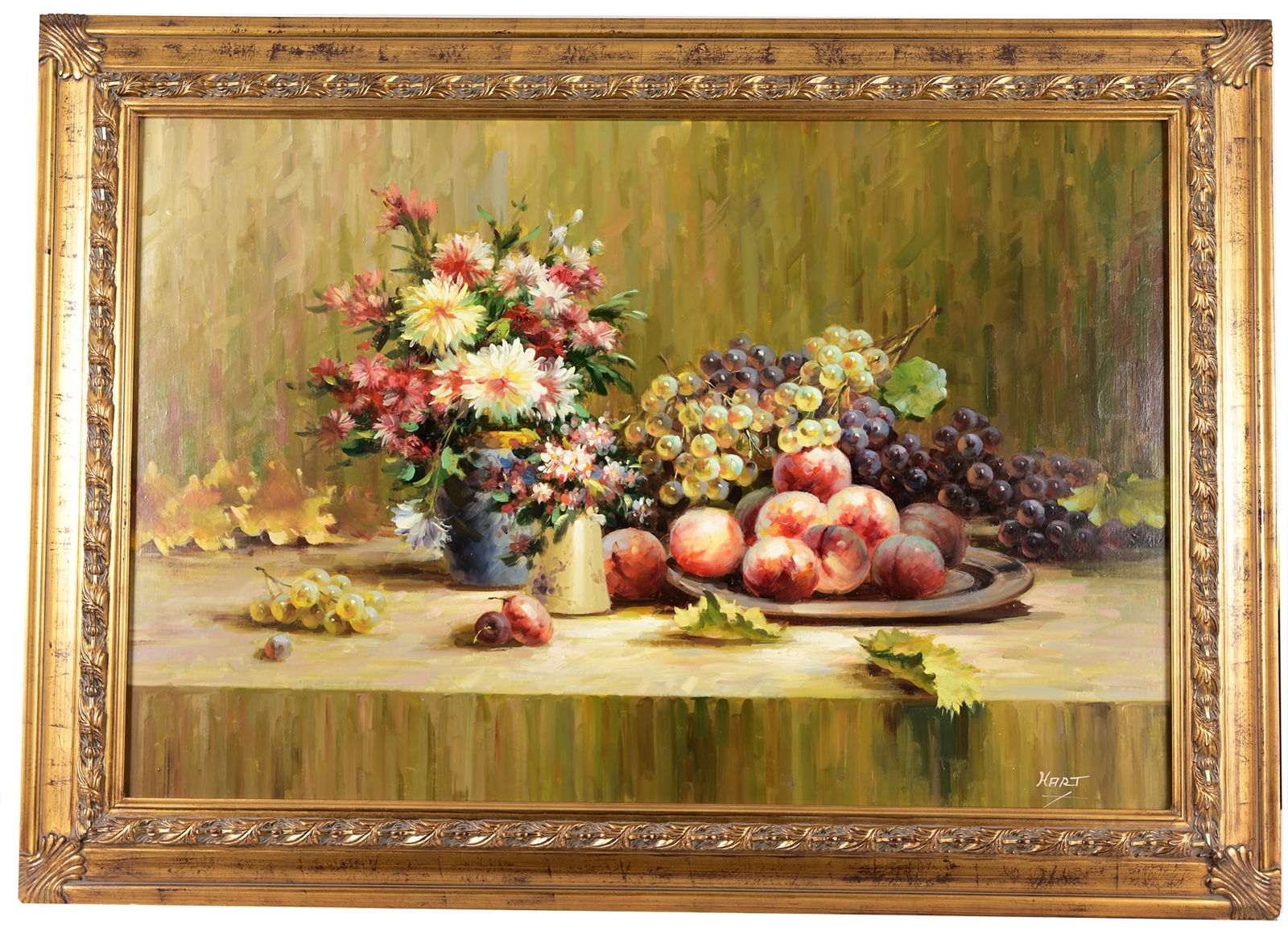 American School, 20th Century: Still life with fruits, flowers on a table. Signed lower right. Oil on canvas. Sight size 24 x 36 inches.Overall framed size: 31 x 43 inches.