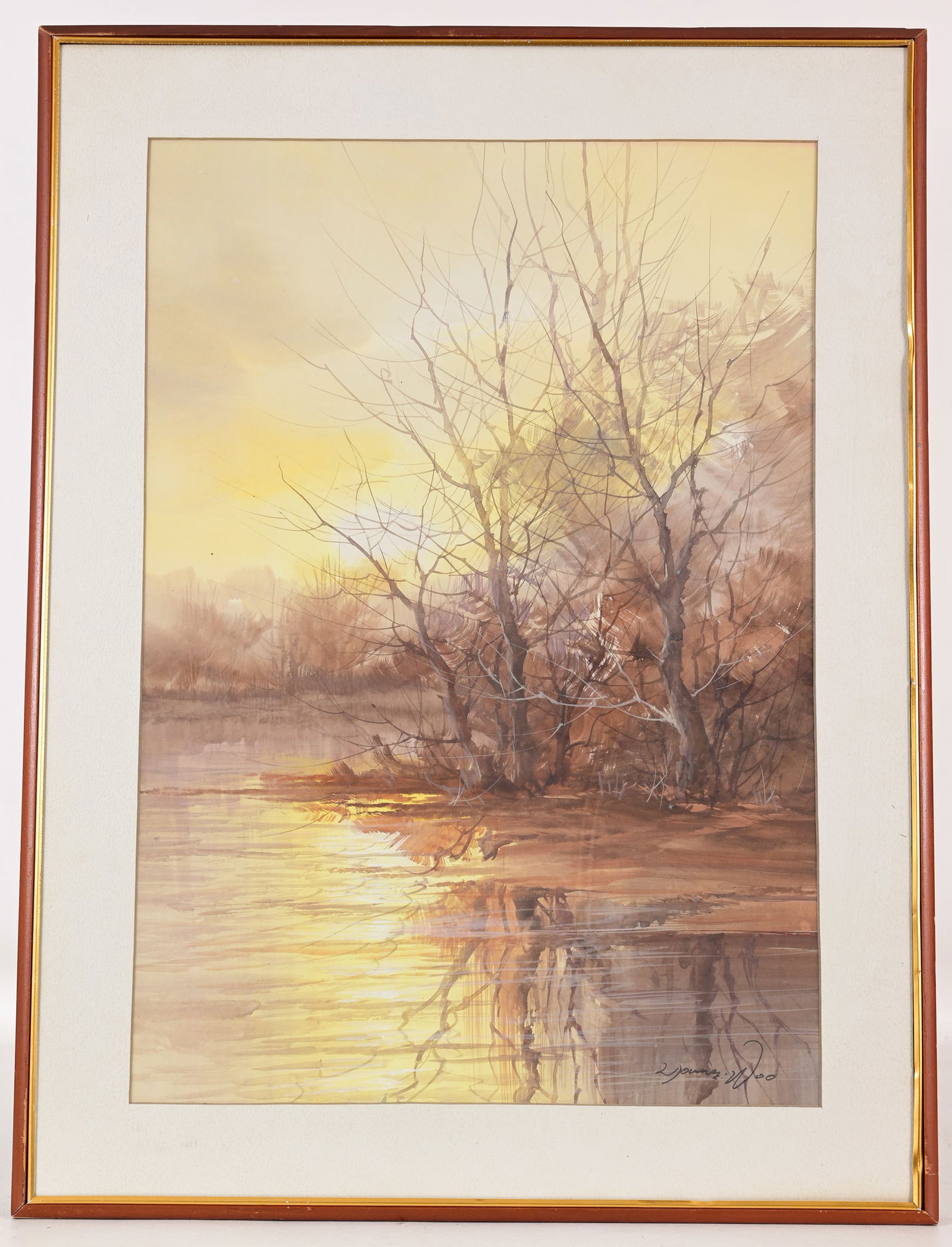 Young Woo (Korean, 20th Century): River Autumn Landscape. Signed lower right. Watercolor on paper. Sight size: 20 x 14 inches. Framed size: 24.75 x 18.75 inches.