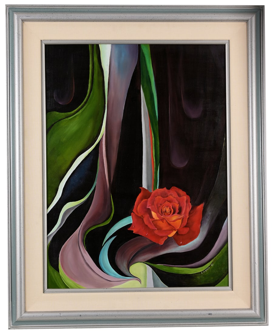 F. H. Zack (American, 20th Century): Red Rose among plants. Signed and copyright lower right. Oil on canvas. Sight size: 24 x 18 inches. Framed size: 31 x 25 inches.