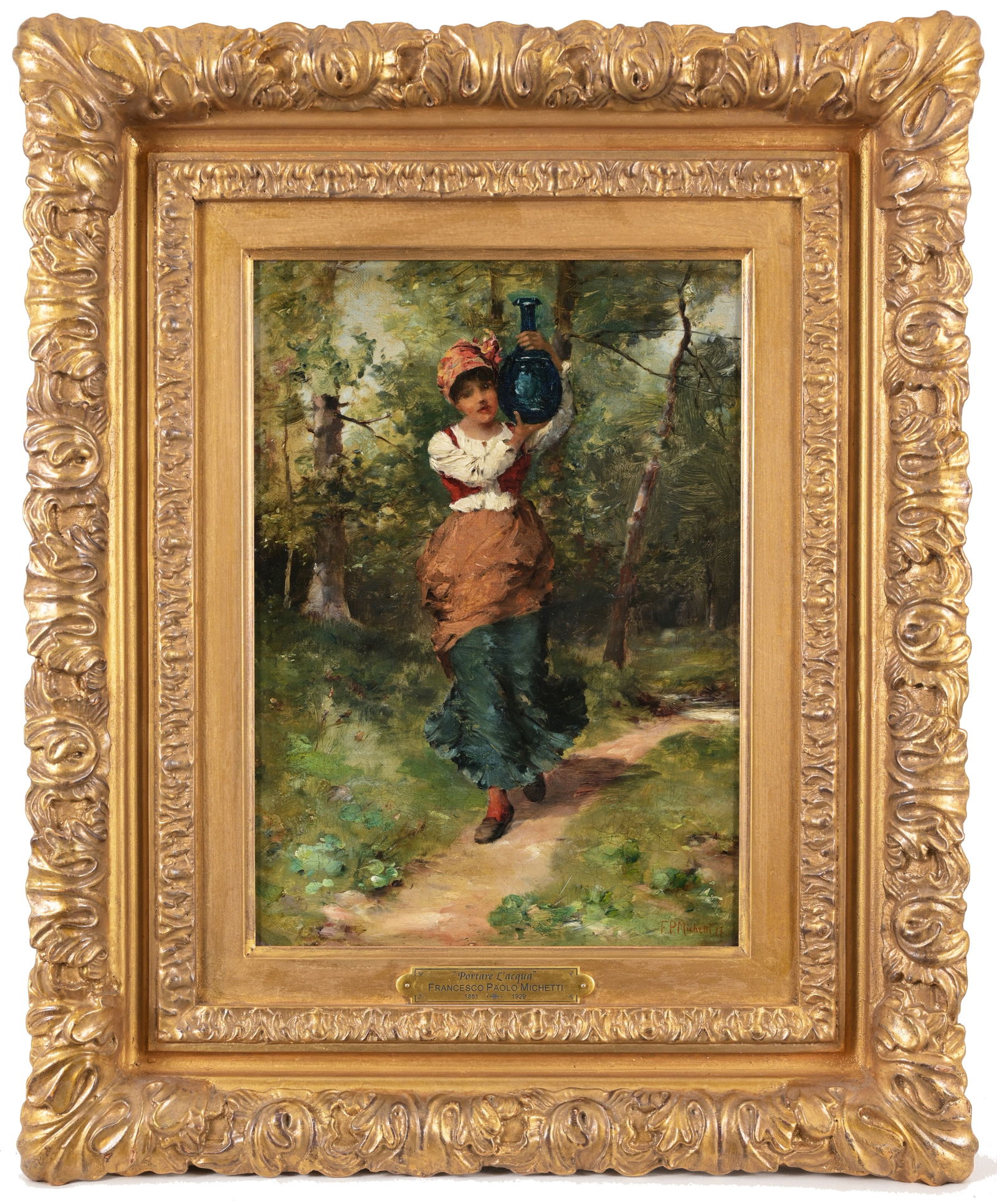 Francesco Paolo Michetti (Italian, 1851 - 1929): Francesco Paolo Michetti (Italian, 1851 - 1929) "Portare L'Acqua" Oil on Canvas. Signed and dated lower right. Sight Size: 14 x 10 in. Overall Framed Size: 22 x 18 in.