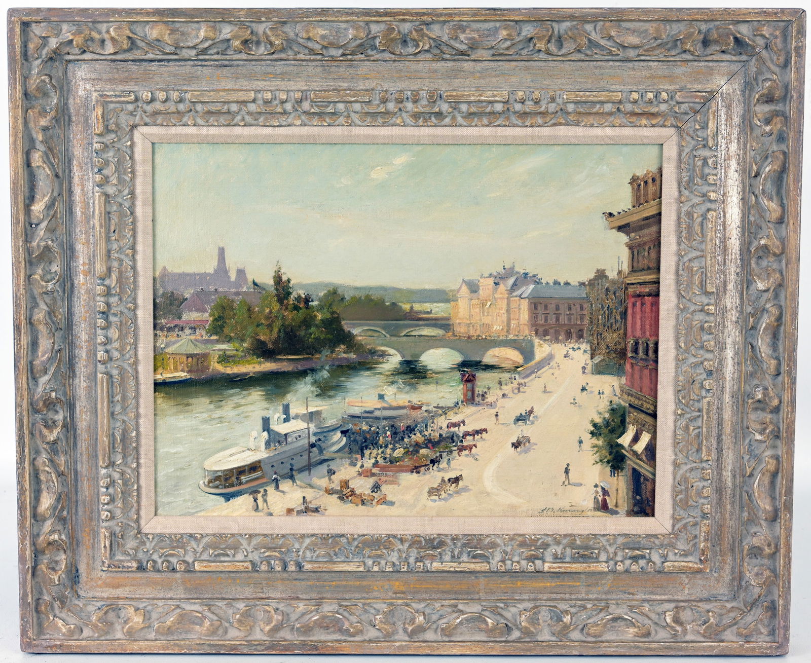 Thomas Benjamin Kennington (1856 - 1916) Paris: Thomas Benjamin Kennington (England, France, 1856 - 1916) Painting of figures near the Seine River (Paris, France). Oil on Canvas. Signed lower right. Sight Size: 11.5 x 15.5 in. Overall Framed Size: