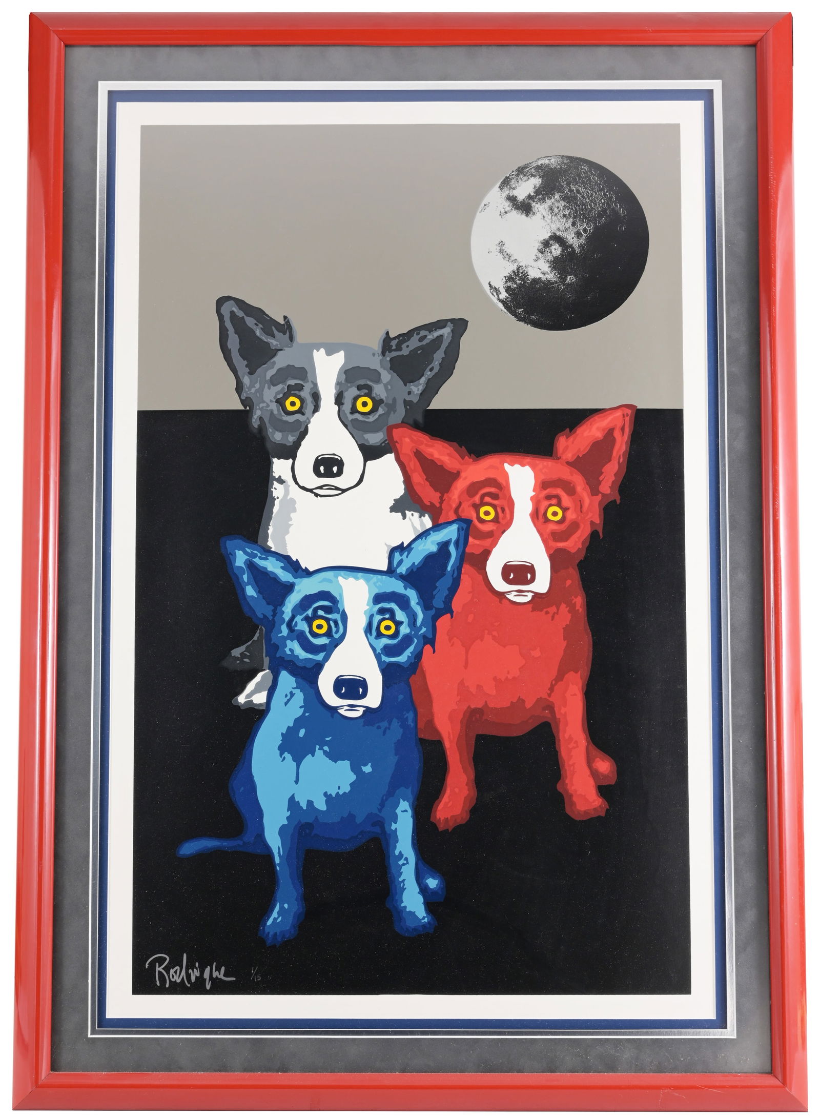 George Rodrigue - "Three's a Crowd": George Rodrigue (American, 1944 - 2013) "Three's a Crowd" - 1996 Colored Silkscreen. Signed and numbered (1/15) lower margin. Image Size: 31 x 20 in. Overall Framed Size: 40 x 28 in. Framed behind gla