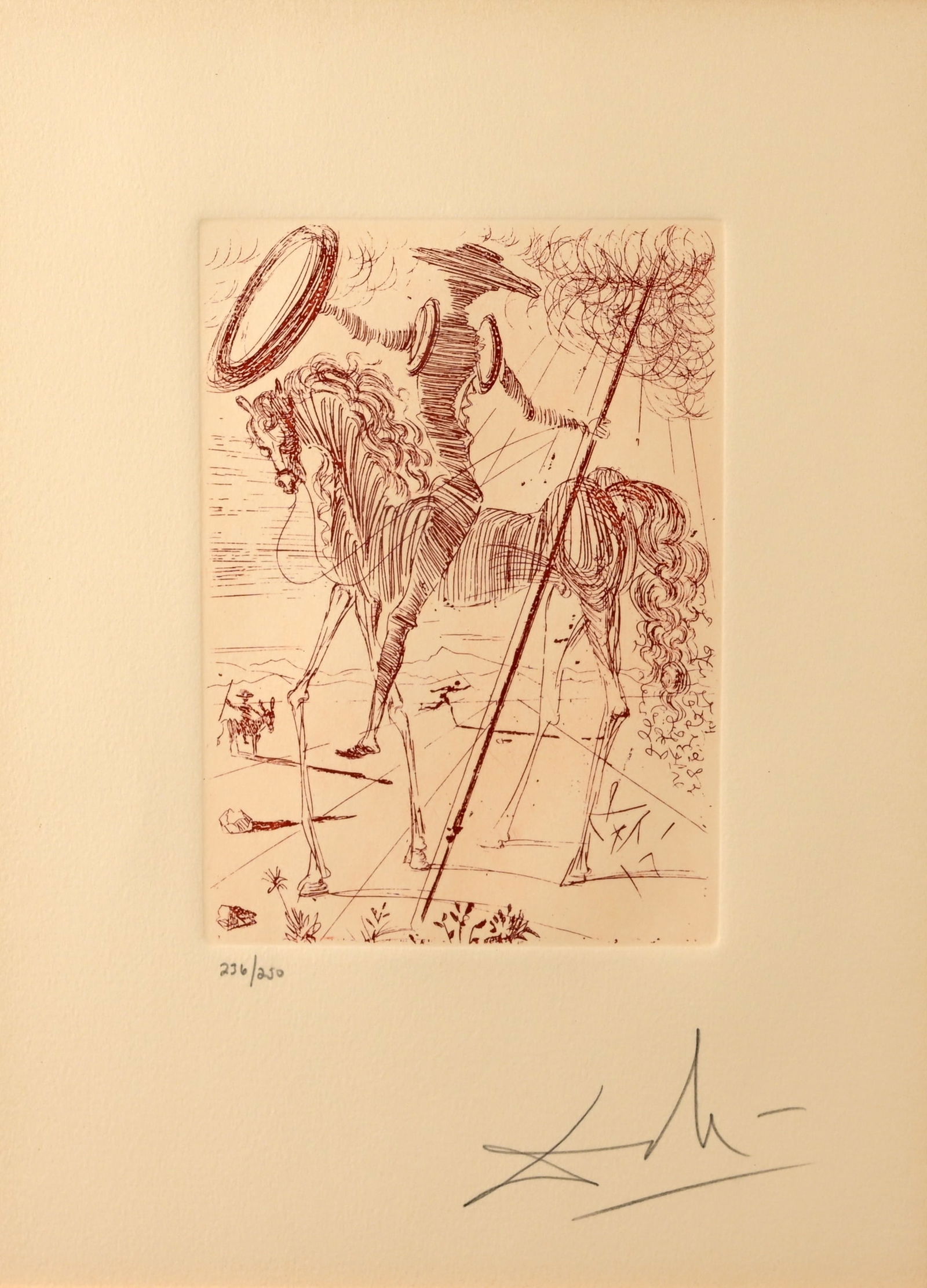 Salvador Dali - "Don Quixote" - Etching: Salvador Dali (Spanish, 1904-1989) "Don Quixote" Colored Etching. Pencil signed and numbered (236/250) lower margin. Image Size: 11.75 x 8.75 in. Overall Framed Size: 21.75 x 18.75 in. Framed behind g