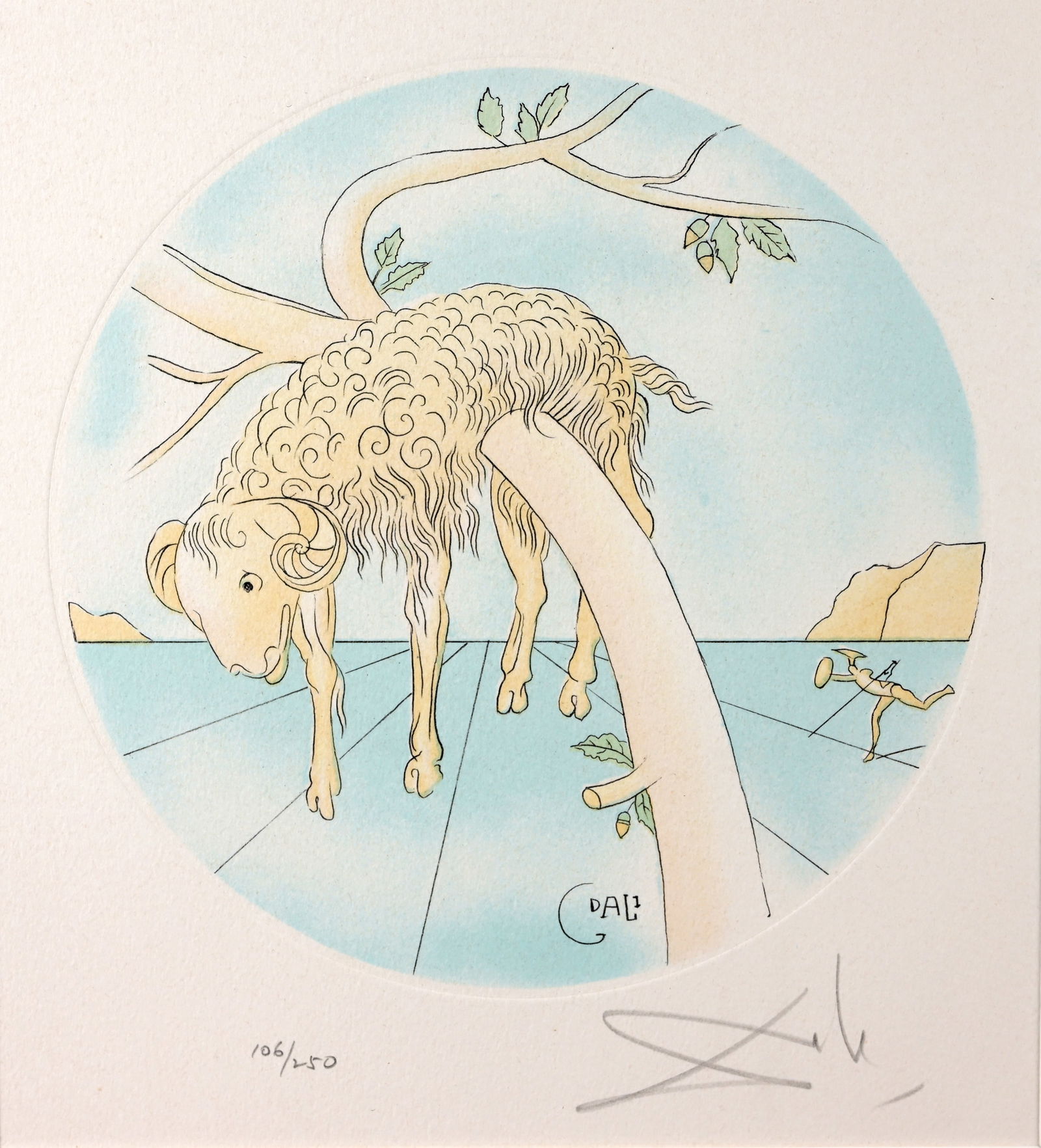 Salvador Dali - "Aries" - Etching: Salvador Dali (Spanish, 1904-1989) "Aries" Zodiac Series Colored Etching. Pencil signed and numbered (106/250) lower margin. Image Size: 10.75 x 9.75 in. Overall Framed Size: 17.25 x 16.25 in. Framed