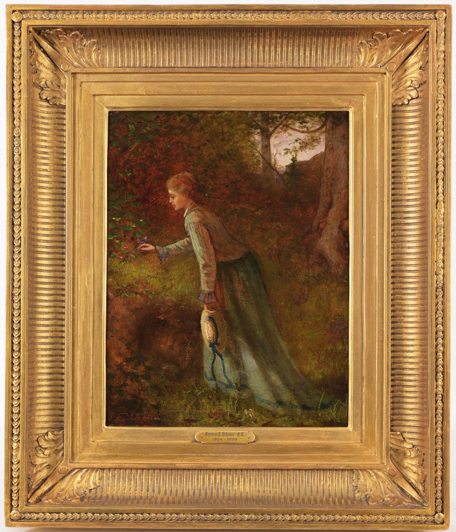 Eastman Johnson (American, 1824 - 1906): Eastman Johnson (American, 1824 - 1906) "Gathering Wild Flowers" Oil on Board. Signed lower left. Provenance: James Julia Auctions (8/20/2013) Sight Size: 14 x 11 in. Overall Framed Size: 22 x 19 in.