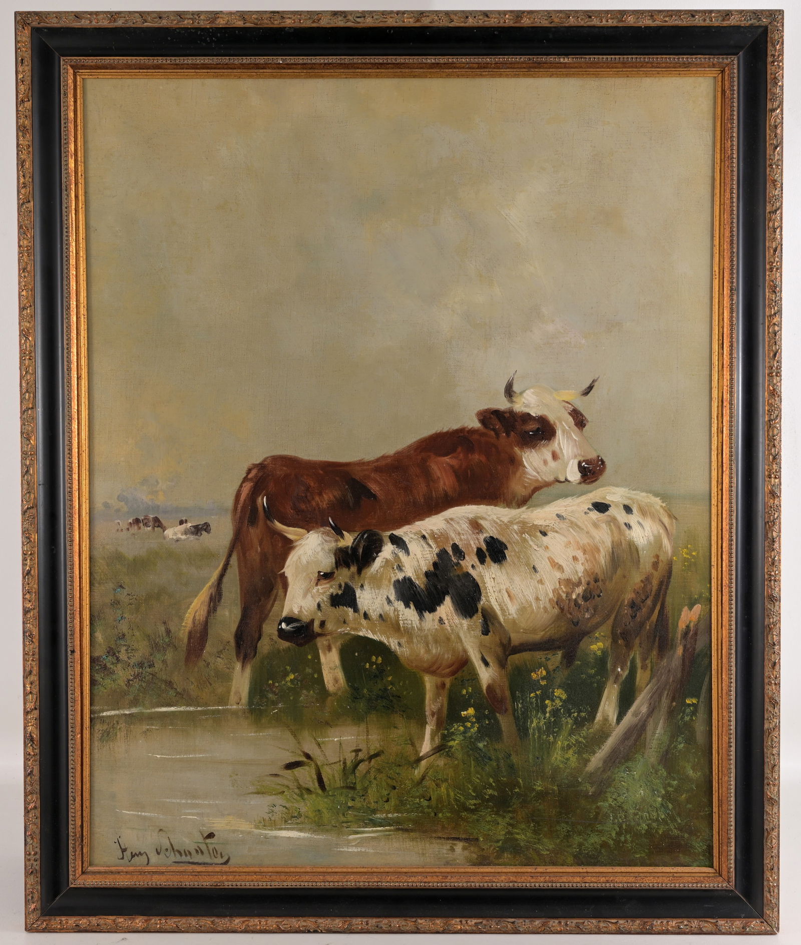 Henry Schouten (Belgian, 1864/7-1927): Henry Schouten (Belgian, 1864/7-1927) Pair of Cows in Field Oil on Relined Canvas. Signed lower left. Sight Size: 30 x 23.75 in. Overall Framed Size: 33.5 x 27.75 in.
