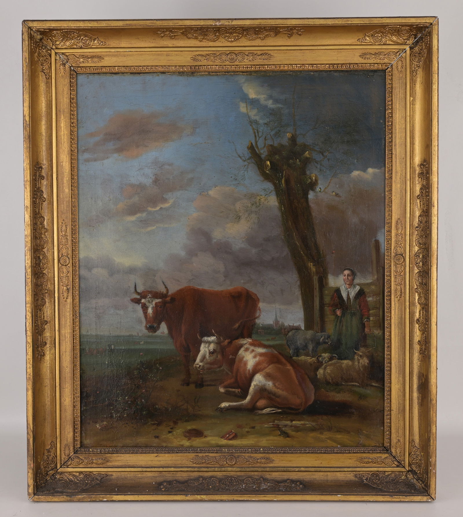 Attr. Paulus Potter (Dutch, 1625 - 1654): Attr. Paulus Potter (Dutch 1625-1654) "The Milkmaid" Oil on Canvas. Signed and dated 1647? lower right. Old label verso. Sight Size: 27.5 x 22.25 in. Overall Framed Size: 33.25 x 28.25 x 2.75 in.