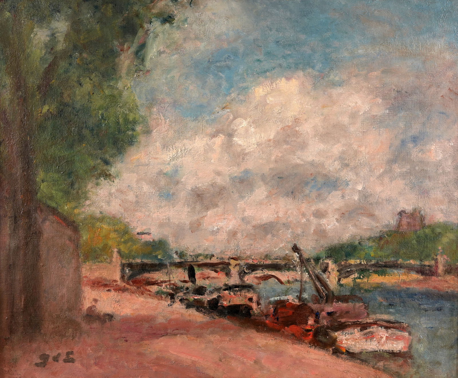 Georges D'Espagnat (French, 1870 - 1950): Georges D'Espagnat (French, 1870 - 1950) "Along the Seine in Paris" Oil on Canvas. Signed lower left. "Arthur Lenars & Cie/Transports Internationaux" label en verso on stretcher Sight Size: 18.25 x 21