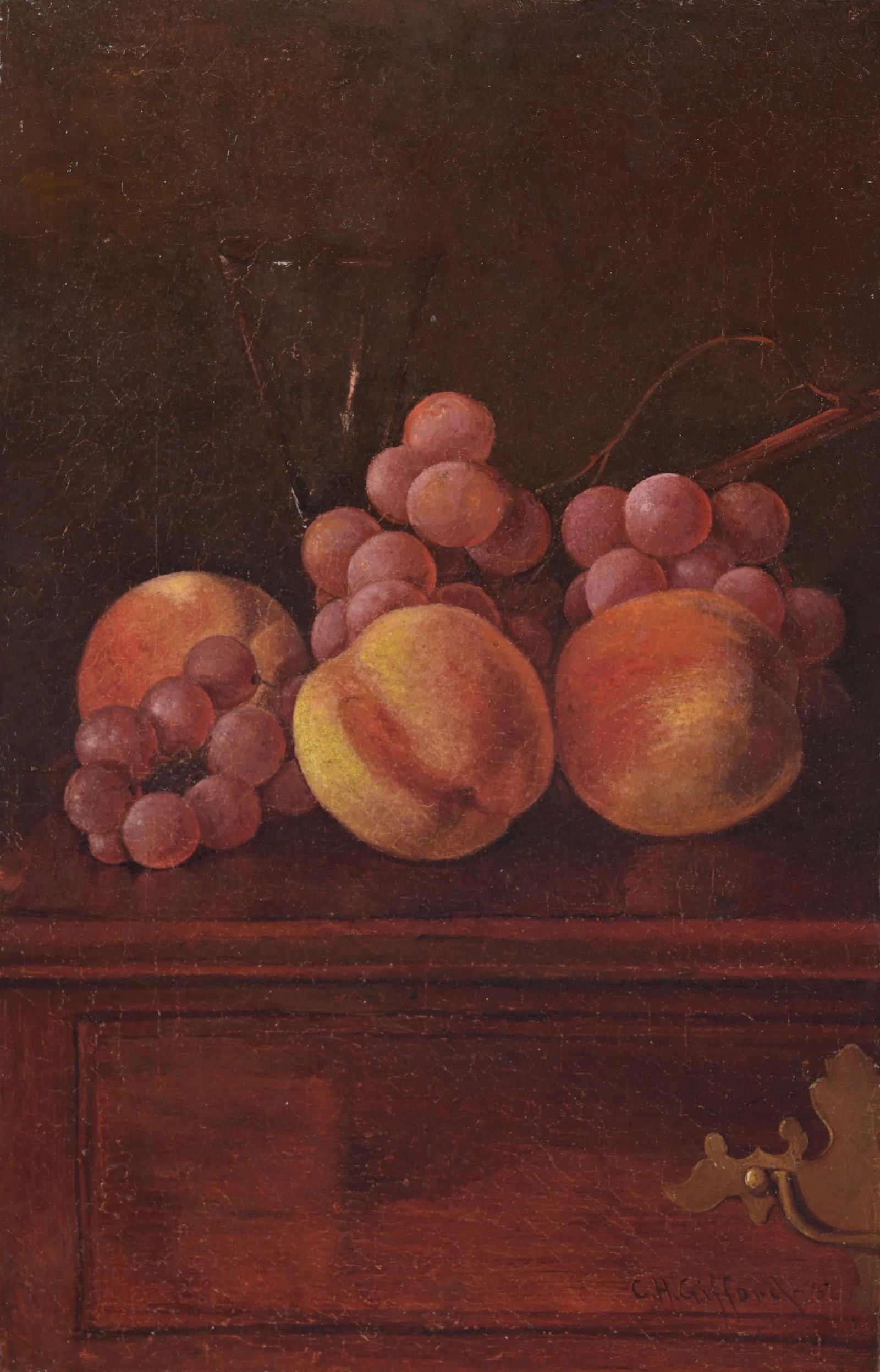 Charles Henry Gifford (1839 - 1904): Charles Henry Gifford (American, 1839 - 1904) 'Still Life of Peaches & Grapes' Oil on Canvas (wax relined). Signed and dated ('82) lower right. Size: 14 x 9 in. Unframed.