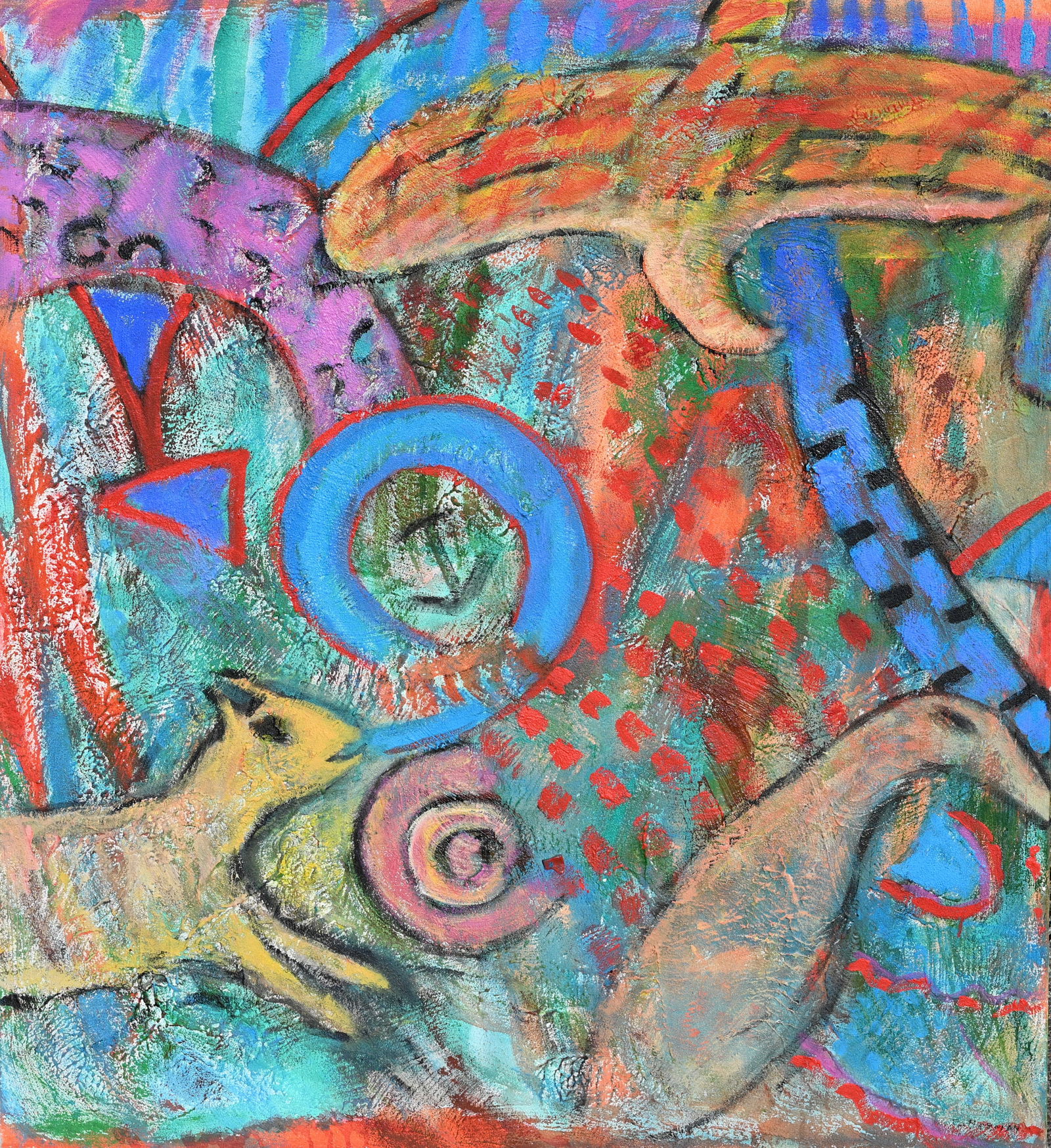 Florence Putterman (1927 - 2021) "Animal Legends": Florence Putterman (American, 1927 - 2021) "Animal Legends VI" Acrylic & Sand on Canvas. Signed lower right. Size: 48 x 44 in. Unframed. (DSCN8311)