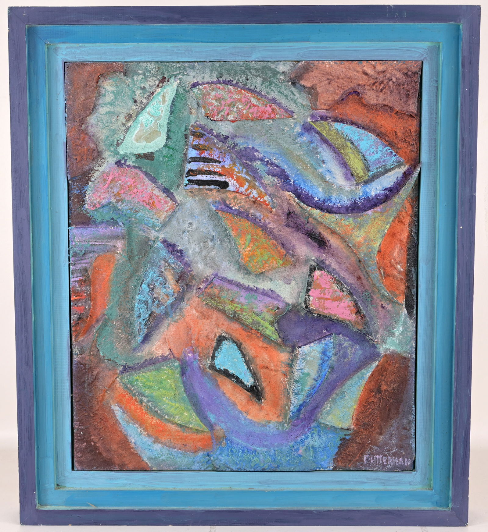 Florence Putterman (1927 - 2021) "Blue Mood": Florence Putterman (American, 1927 - 2021) "Blue Mood" Acrylic on Carved Wood. Signed lower right. Sight Size: 23.75 x 20 in. Overall Framed Size: 30 x 26 in. (DSCN8141)