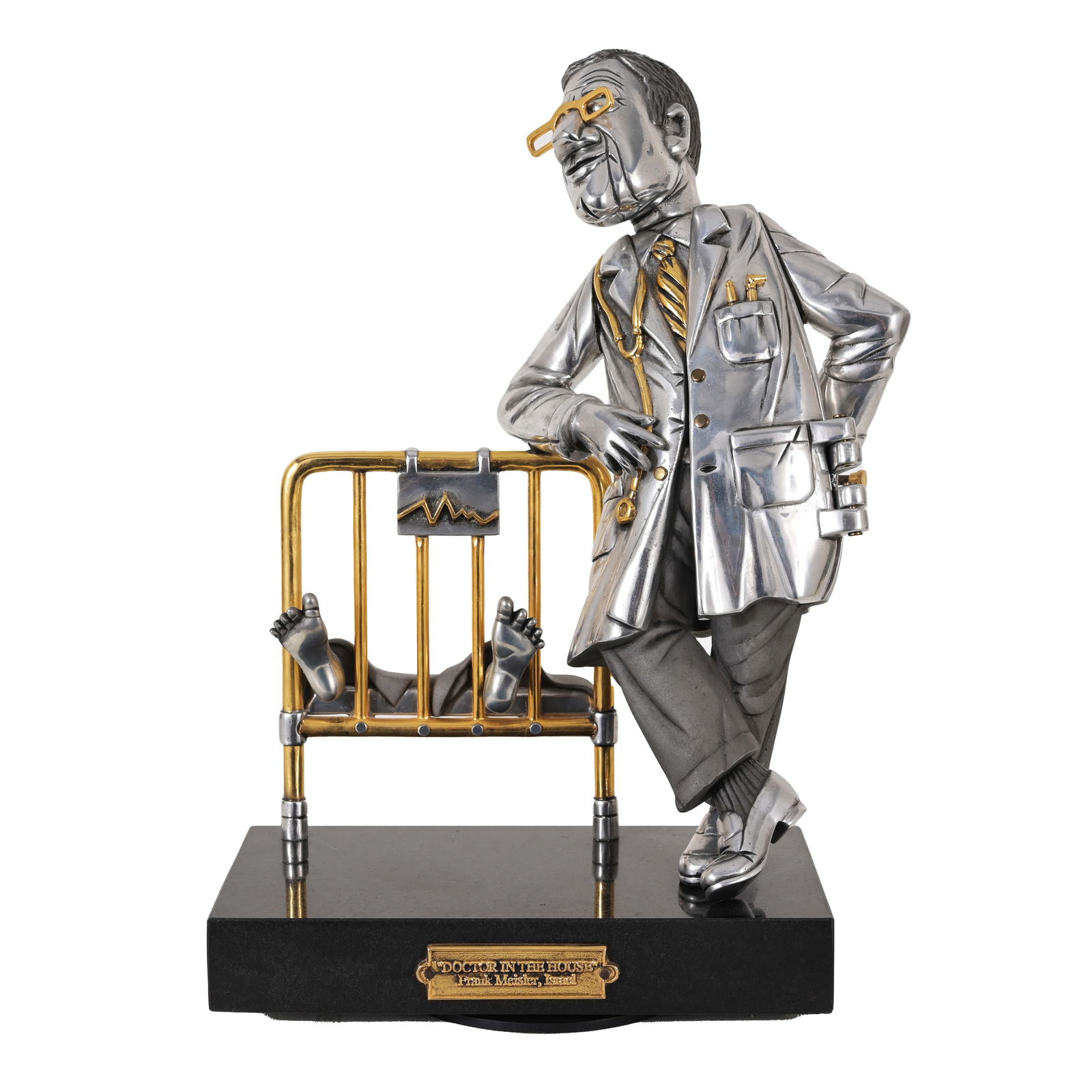 Frank Meisler - "Doctor in the House" Sculpture: Frank Meisler (Israel, 1929 - 2018) "Doctor in the House" Metal Alloys with silver/gold plated elements. Signed and numbered (270/950) on back of arm. Rotating marble base. Dimensions: 12.75 x 9.5 x 6