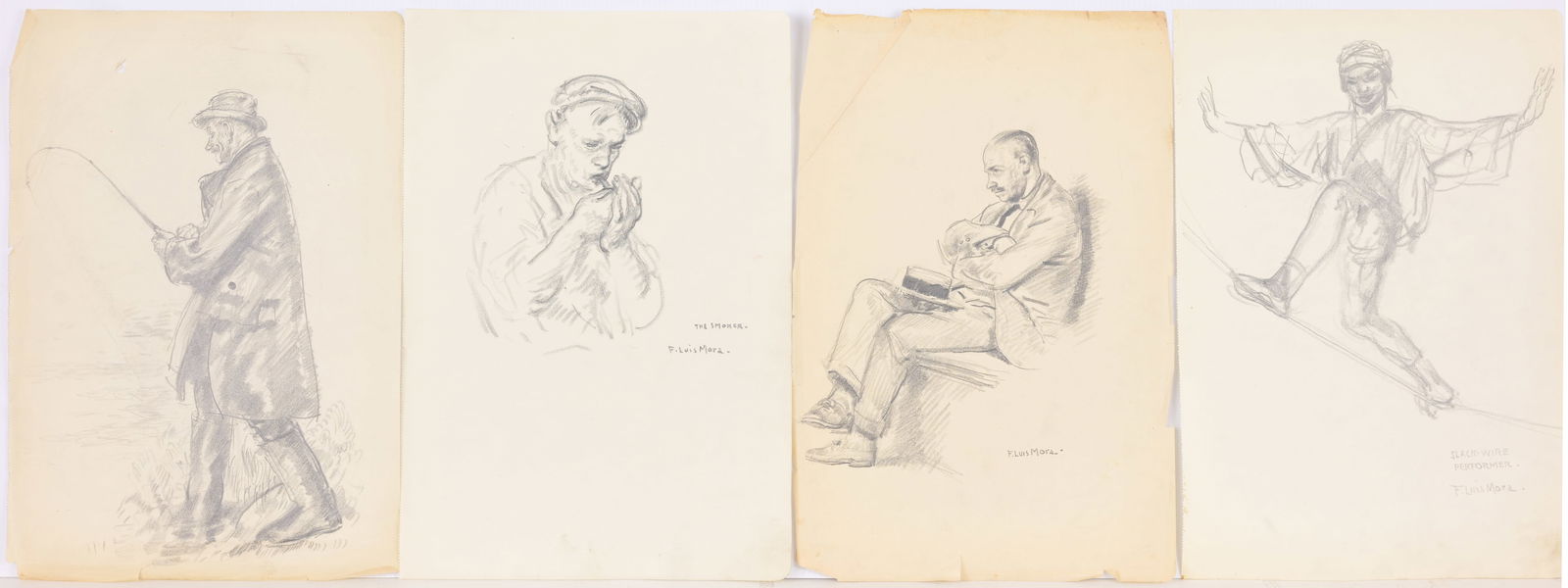(4) Francis Luis Mora (American, 1874 - 1940): (4) Francis Luis Mora (American, 1874 - 1940) Original pencil sketches depicting figural studies. Provenance: From the artist's estate. Sheet Size: 14 x 9.5 in (each). Unframed.