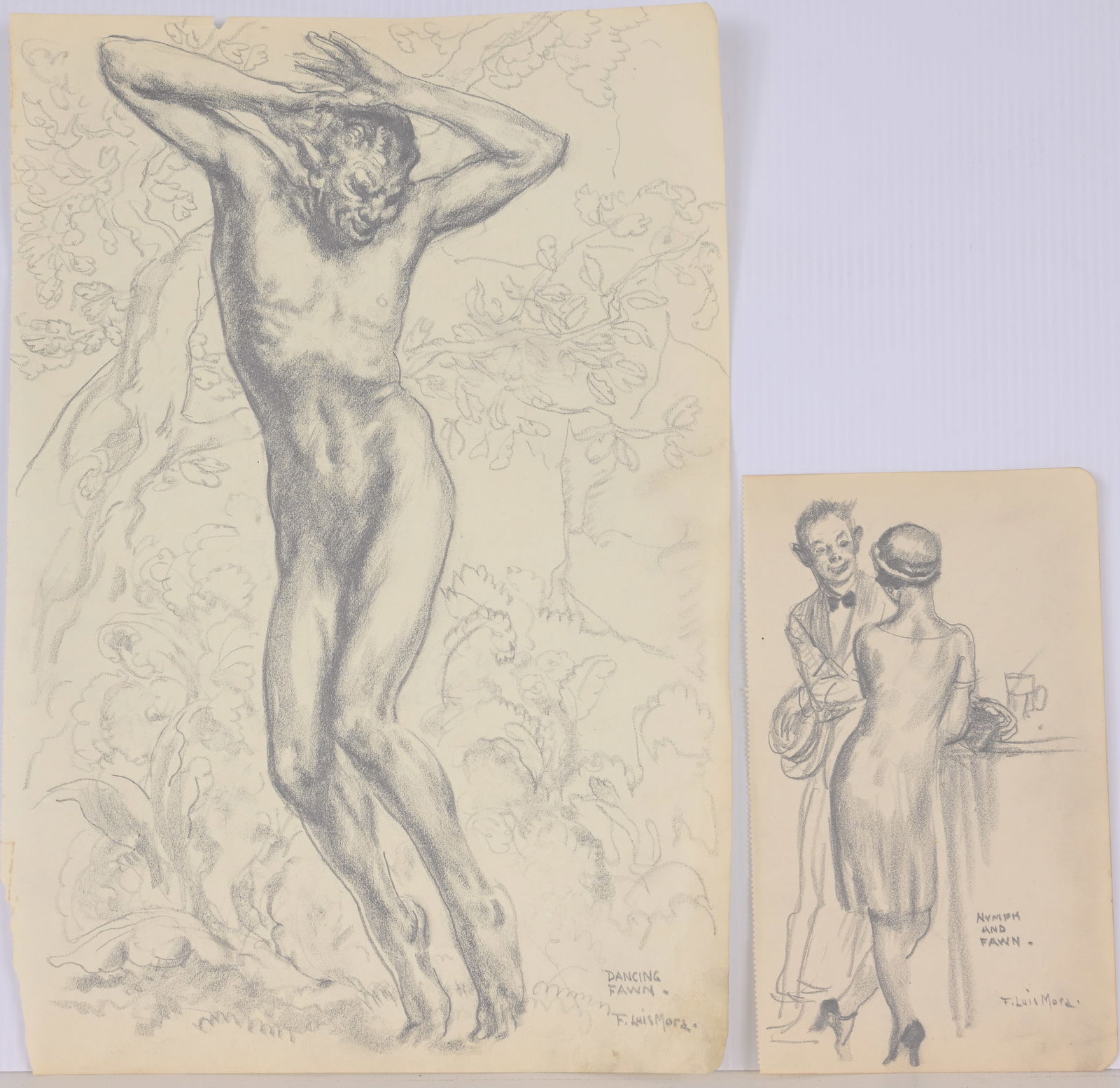 (2) Francis Luis Mora (American,1874 - 1940) Fawns: (2) Francis Luis Mora (American, 1874 - 1940) Original pencil sketches from the artist's sketchbook. Titled, "Dancing Fawn" and "Nymph and Fawn" in lower portion. Provenance: Estate of the Artist. She