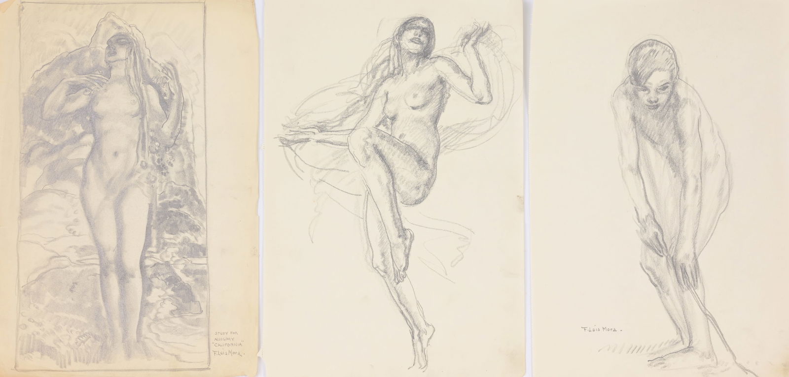 (3) Francis Luis Mora (American, 1874 - 1940): (3) Francis Luis Mora (American, 1874 - 1940) Original pencil sketches depicting figural studies. From the artist's sketchbook. Provenance: Estate of the artist. Sheet Size: 14 x 9.5 in (each). Unfram