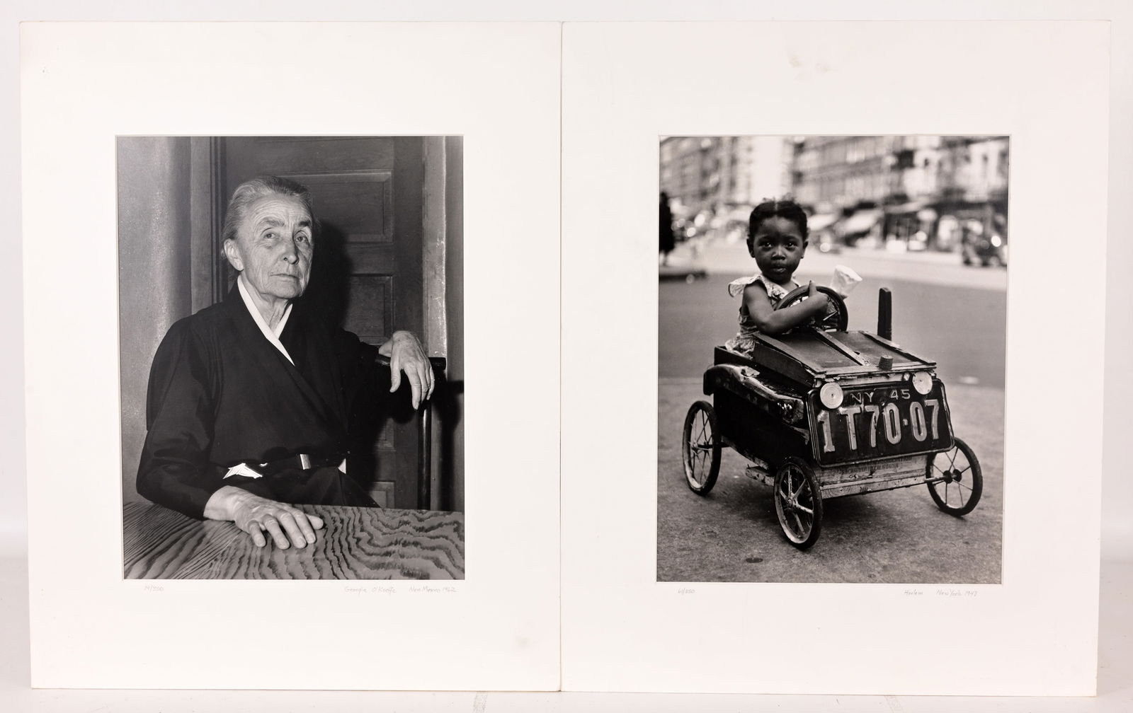 (2) Fred Stein (German, 1909 - 1967): Fred Stein (German, 1909 - 1967) "Harlem, New York - 1947" (61/350) "Georgia O'Keeffe, New Mexico - 1962" (74/350) Gelatin Silver Print. Pencil titled and numbered lower margins. Having estate stamps