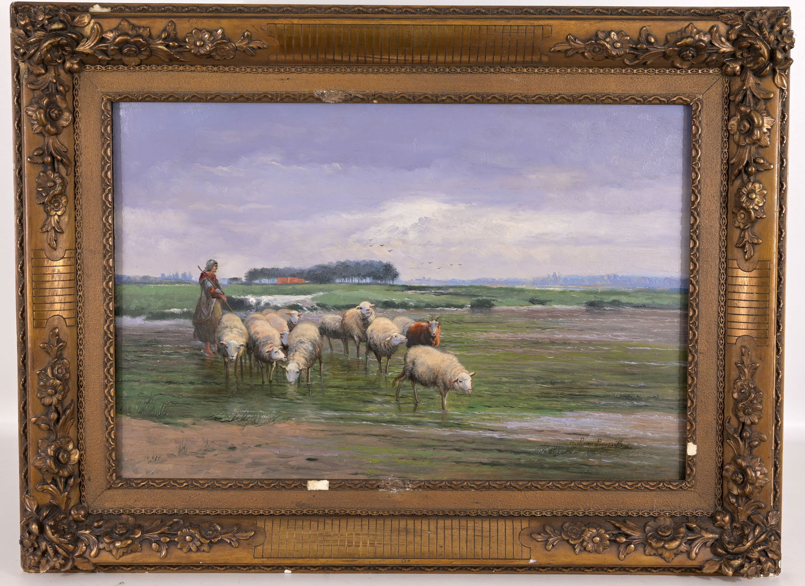 Jef Louis van Leemputten (Belgian, 1865 - 1948): Jef Louis van Leemputten (Belgian, 1865 - 1948) Sheppard and Flock Oil on Wood Panel. Signed lower right. Sight Size: 16 x 23.5 in. Overall Framed Size: 23 x 31 in. Condition: loss to frame