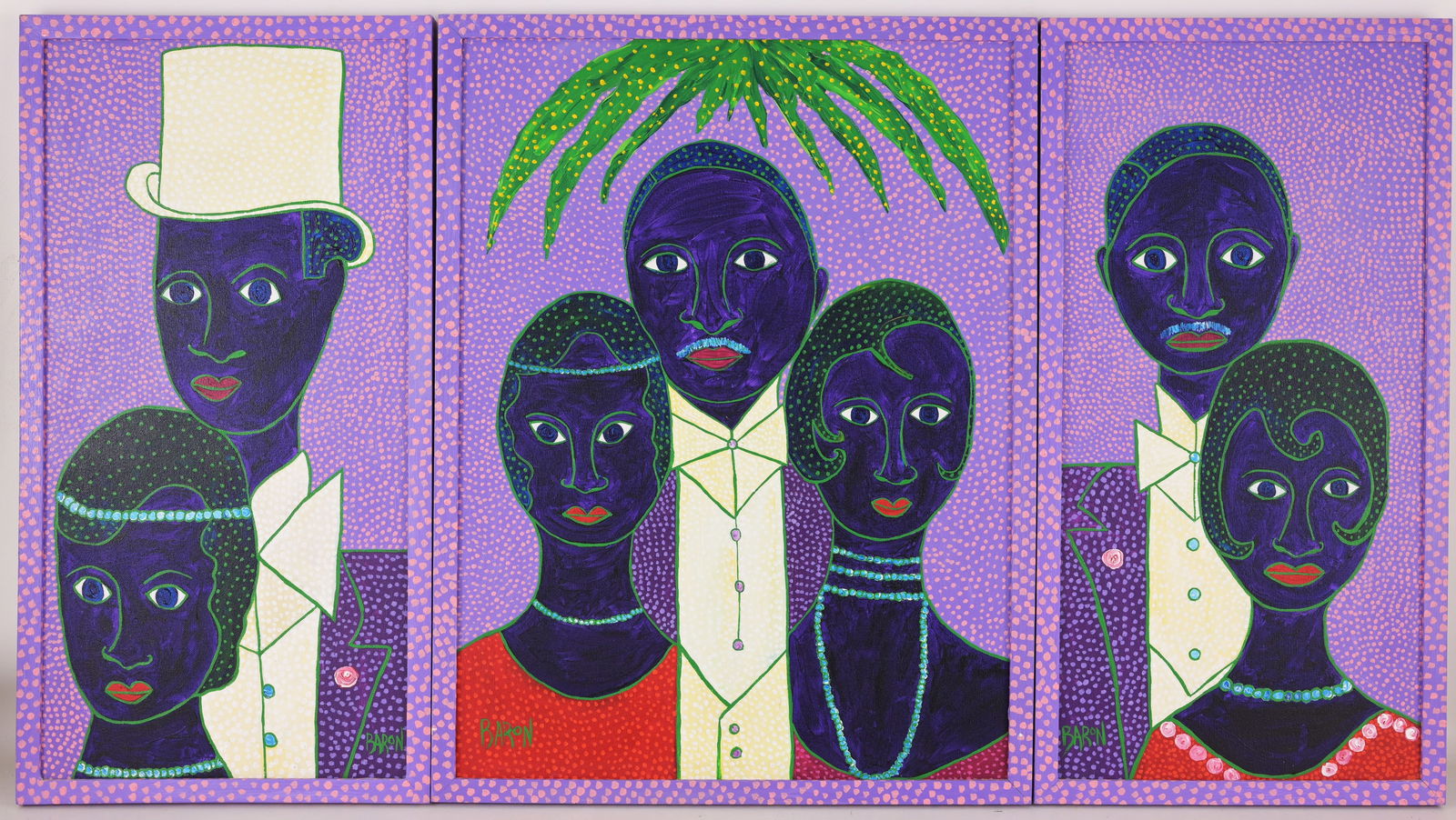 Jack Baron (American, 1926 - 2005) Triptych: Jack Baron (American, 1926 - 2005) Triptych painting of African American Family Acrylic on Canvas. Signed lower corners. Signed and dated ('95) verso. Provenance: - Friend of the artist; by descent Si