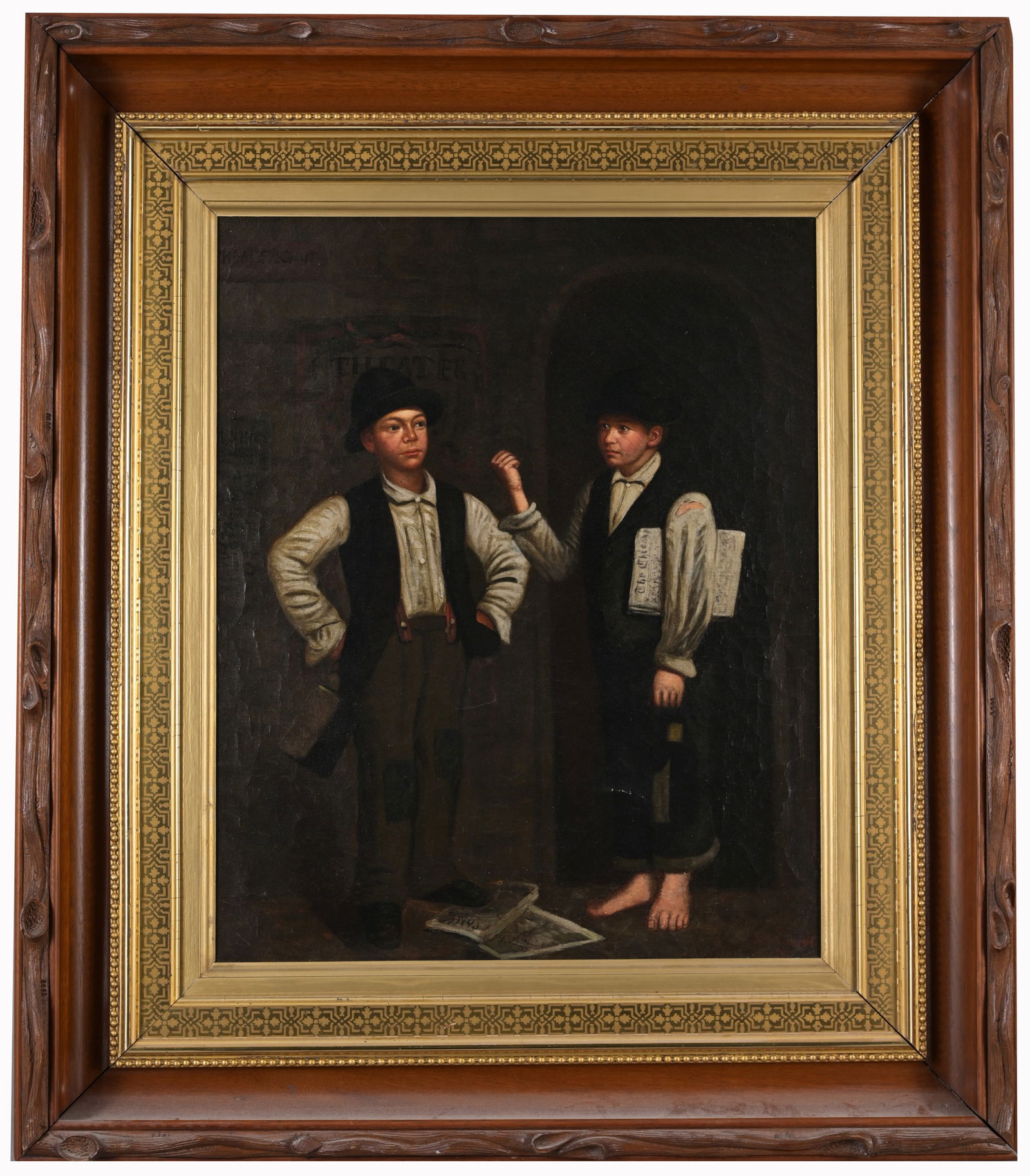 Christian Schwerdt (1836 - 1908) Chicago Newsboys: Christian Schwerdt (Illinois, Ohio, Germany, 1836 - 1908) "Chicago Newsboy Scene" Oil on Canvas. Signed lower right. Sight Size: 22 x 18 in. Overall Framed Size: 32.5 x 28 in. Christian F. Schwerdt, p