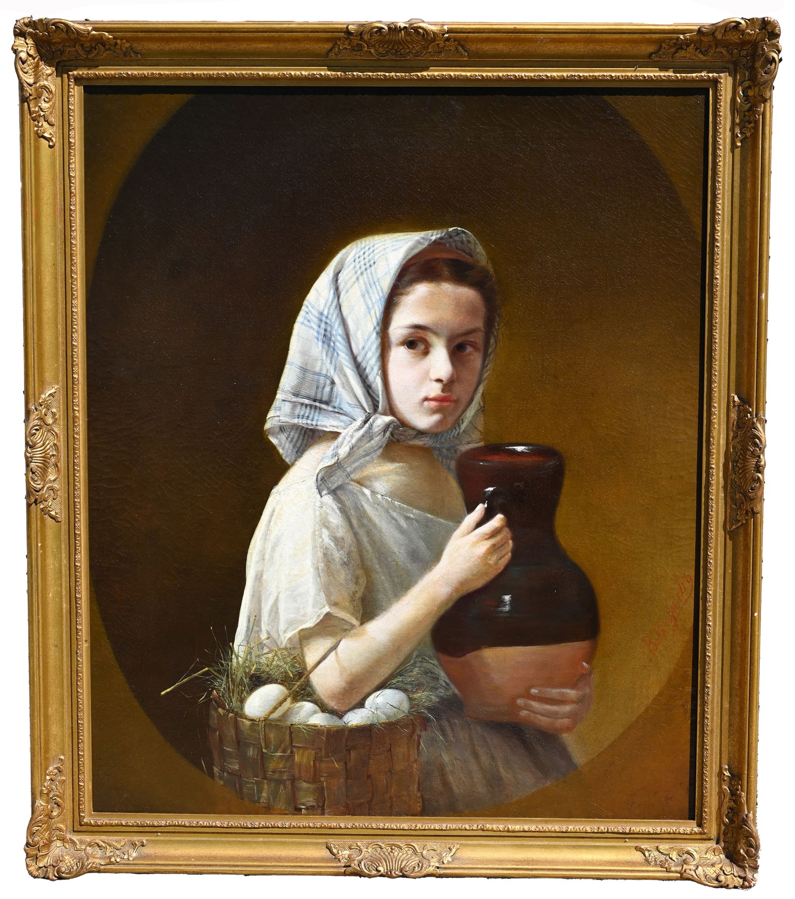 Signed, 19th C. Portrait of a Young Woman: Oil on Canvas. Signed indistinctly lower right. Canvas repair verso. Sight Size: 31 x 26.5 in. Overall Framed Size: 36 x 31 in.
