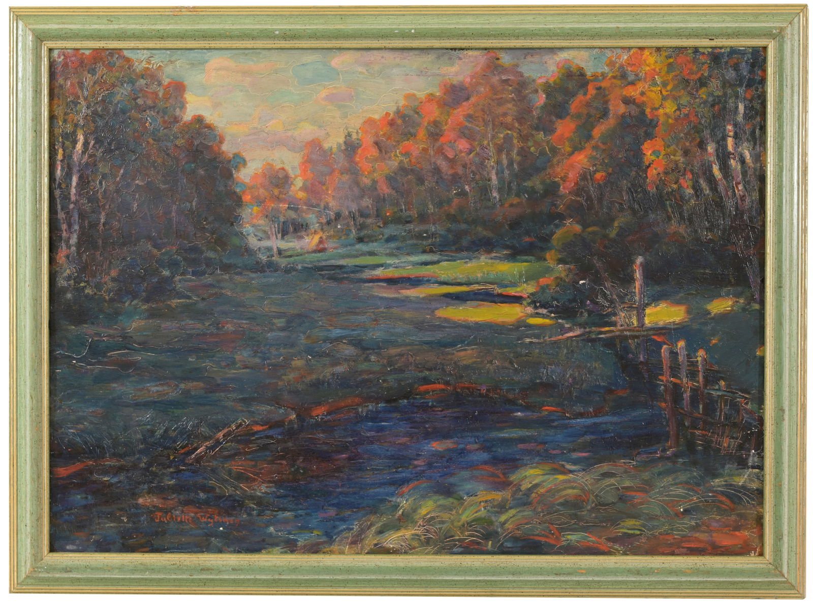 Juliette Wytsman (Belgian, 1866 - 1925): Juliette Trulemans Wytsman (Belgian, 1866 - 1925) "Foret de Soignies" Oil on Board. Signed lower left. Sight Size: 19.75 x 27.75 in. Overall Framed Size: 22.5 x 30.5 in.