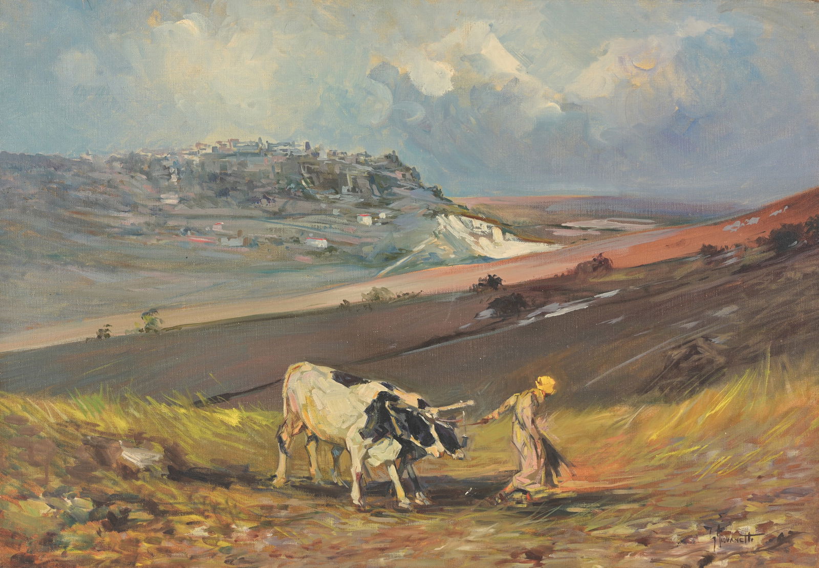 Giordano Giovanetti (Italy, 1906 - 1973): Giordano Giovanetti (Italy,1906 - 1973) Woman w/ Ox with a village in a mountainous background. Oil on Canvas. Signed lower right. Size: 27 x 39 in. Unframed.