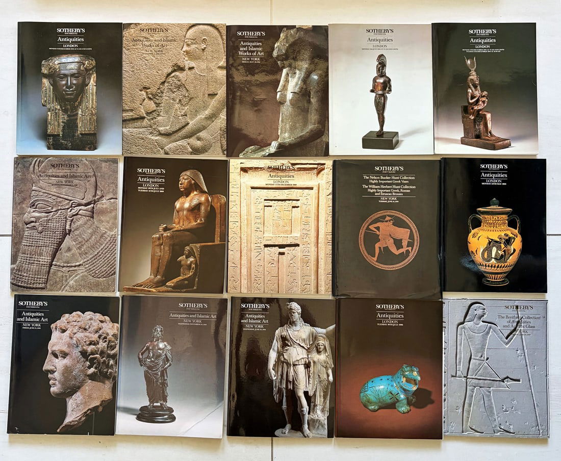 group of 15 Sotheby's catalogs: A group of 15 Sotheby's catalogs, 1985 ? 1990, New York and London. They feature Classical Antiquities, Egyptian and Islamic art, most come with the prices realized lists. All are in excellent conditi