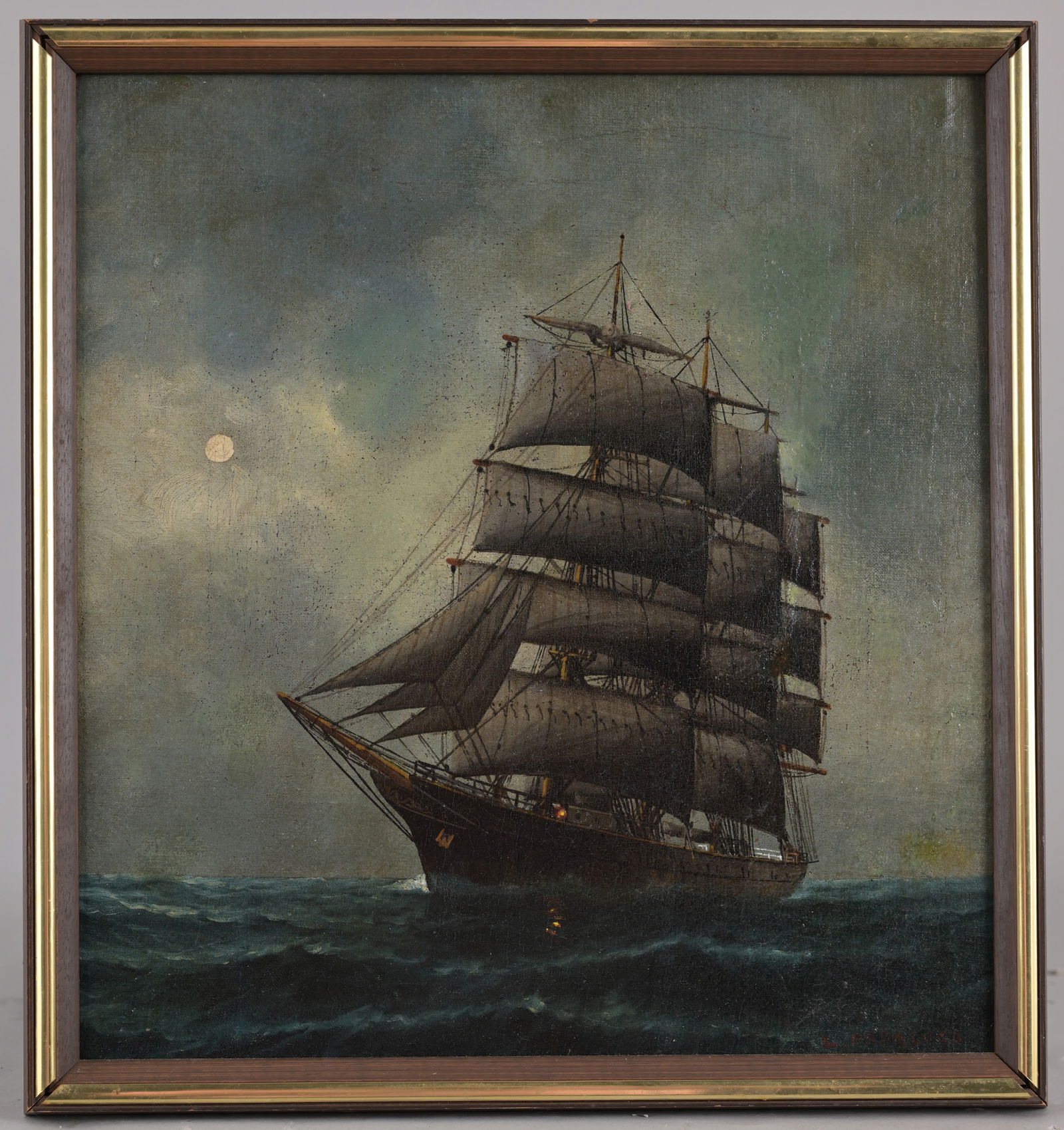 Luca Papaluca (Italy, 1890 - 1934): Luca Papaluca (Italy, 1890 - 1934) Ship in the Night Oil on Canvas. Signed lower right. Sight Size: 14 x 11.25 in. Overall Framed Size: 15.5 x 14.5 in.