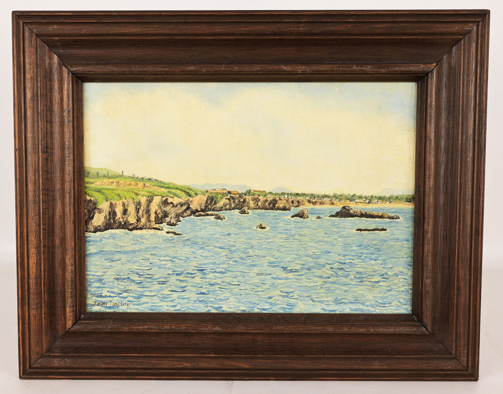 Jean Taylor (20th C.) "Seascape - Shell Beach": Jean Taylor (20th C.) "Seascape - Shell Beach Looking toward Pismo" - 1972 Oil on Canvas Board. Signed lower left. Multiple gallery labels verso. Sight Size: 10 x 14 in. Overall Framed Size: 15.25 x 1