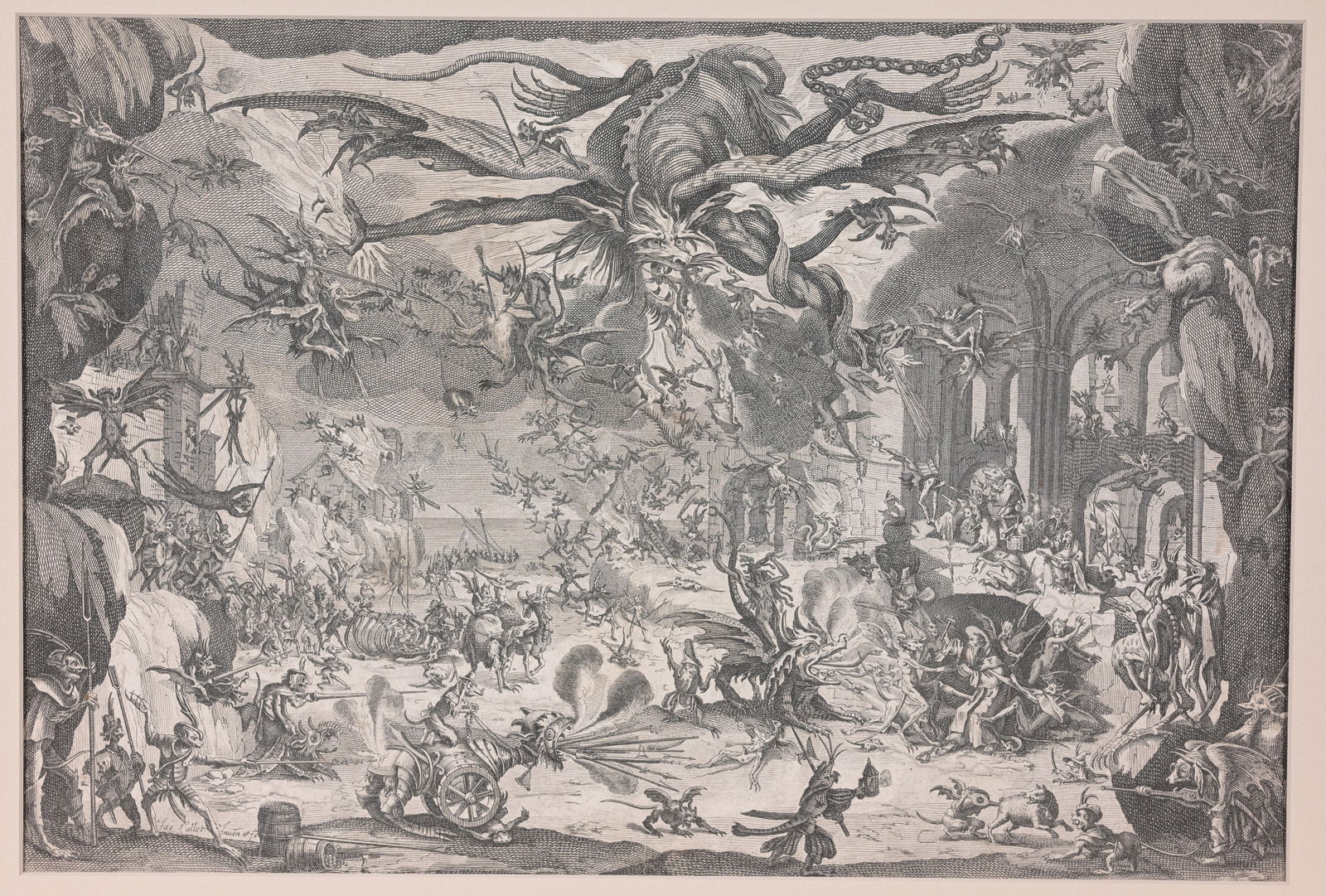 After Jacques Callot "Temptation of Saint Anthony": After Jacques Callot (French, 1592 - 1635) "Temptation of Saint Anthony" 2nd Plate of this Subject. Etching on Heavy Wove Paper. Inscriptions verso on paper. Signs of repair verso. Sight Size: 11.75 x